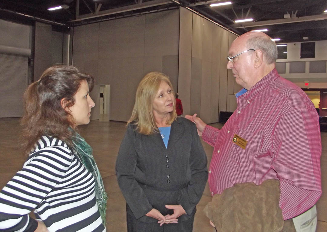 Click to enlarge,  Meg Moss (left), executive director of Lee County Industries, and Sheryl Smith, of the N.C. Division of Work Force Solutions, speak with Charlie Parks, chair of the Lee County Board of Commissioners, following the Feb. 28 Central Carolina Community College information conference for Lee County business and civic leaders at the Dennis A. Wicker Civic Center. Members of the college&#8217;s Human Resources Development and N.C. Career Readiness Certificate programs spoke with community representatives about how to better serve Lee County job seekers and businesses through a mutually beneficial partnership. For information on the HRD program at Central Carolina, contact Patricia Stone-Hackett at (919) 777-7716 or pstone-hackett@cccc.edu. For information on the CRC program, contact Crystal McIver at 919-777-7798 or cmciver@cccc.edu. 
