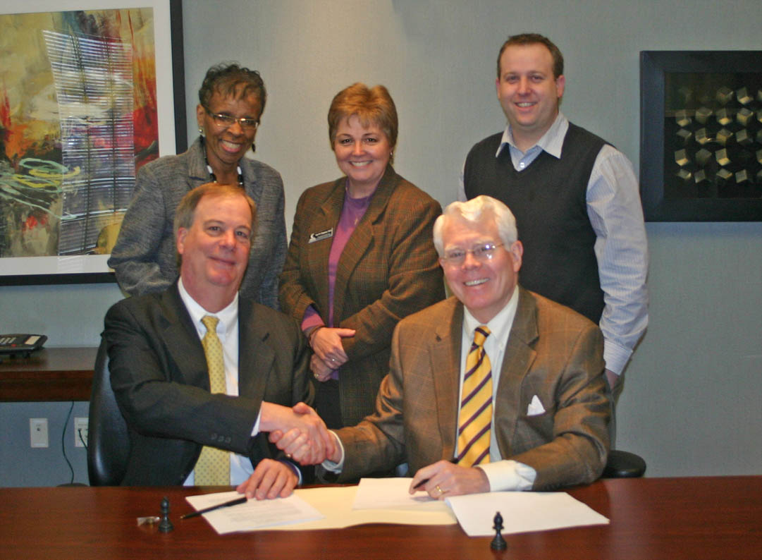 Click to enlarge,  The agreement, signed by CCCC President Dr. Bud Marchant (front left) and N.C. Wesleyan President James Gray III, covers Associate in Arts and Associate in Science degree graduates, as well as graduates in several Associate in Applied Science degree programs. Also attending the signing were (back, from left) Saundra Carmichael, director of NCWC's Triangle ASPIRE program; Dr. Lisa Chapman, CCCC executive vice president for Instruction; and Dr. Evan Duff, NCWC interim provost and vice president of Adult and Professional Studies. For more information about CCCC programs, go to www.cccc.edu. For more information about N.C. Wesleyan, visit www.ncwc.edu. 