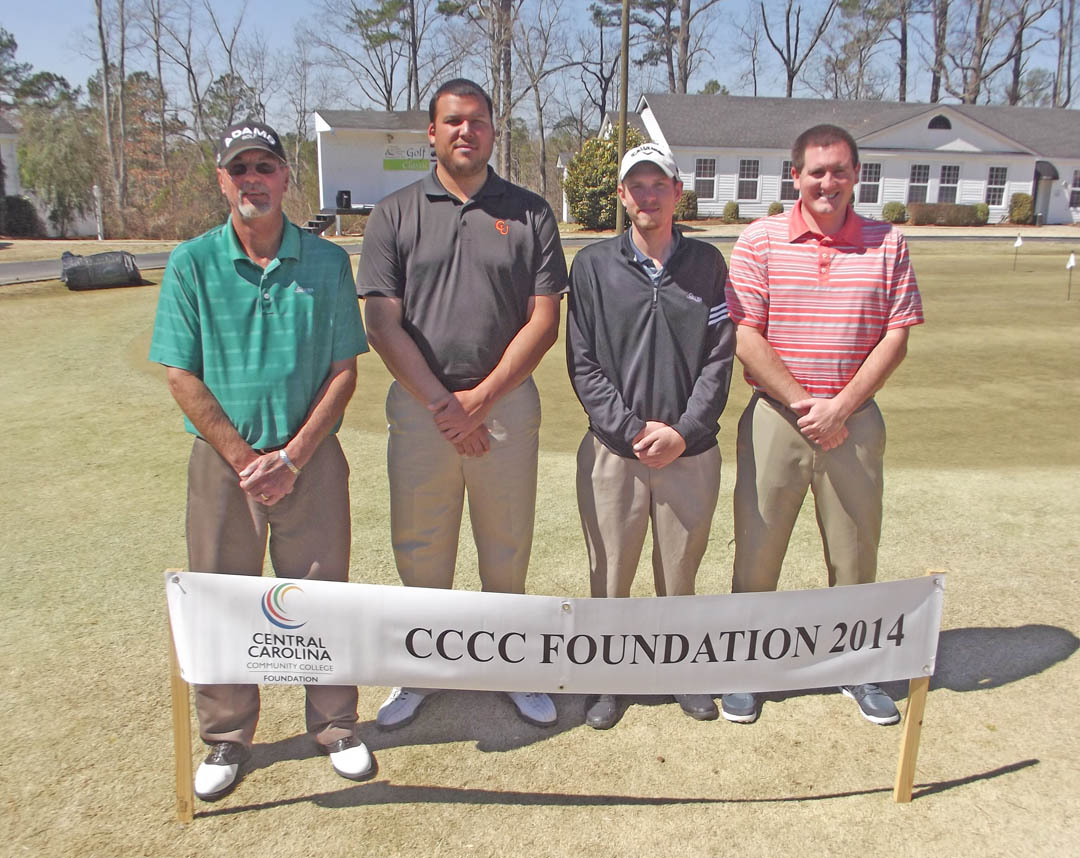 Click to enlarge,  Opportunity was the big winner as golfers wrapped up the first Central Carolina Community College Foundation Harnett Golf Classic March 20 at Chicora Golf Club. A total of 75 golfers combined fun with fundraising to assist CCCC students who need financial help to afford college. Approximately $10,000 was raised.  The proceeds from the event will be used primarily for student scholarships. The First Flight First Place winning team, with a score of 54, was Kevin Blasingim, Paul Howell, Josh Tuggle, and Derek Easter, sponsored by Hayes, Williams, Turner and Daughtry, Attorneys at Law. For information about the Foundation, donating to it, establishing a scholarship, or its fund-raising events, contact Emily Hare, director of the CCCC Foundation and Development Office, 919-718-7230, or ehare@cccc.edu; or Jonathan Hockaday, 919-718-7231 or jhockaday@cccc.edu.  