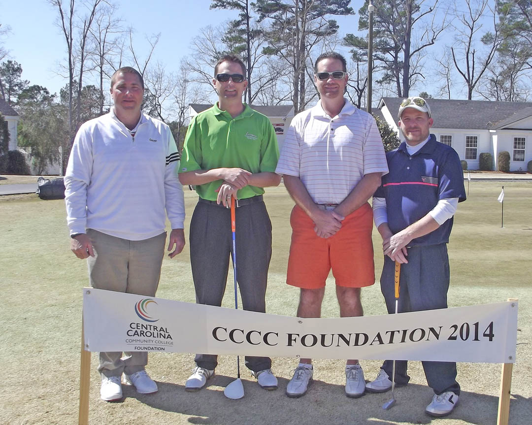 Click to enlarge,  Opportunity was the big winner as golfers wrapped up the first Central Carolina Community College Foundation Harnett County Golf Classic March 20 at Chicora Golf Club. A total of 75 golfers combined fun with fundraising to assist CCCC students who need financial help to afford college. Approximately $10,000 was raised. The proceeds will be used primarily for scholarships. The First Flight Second Place winning team, with a score of 54, was James Harris, Larry Daughtry, Kenny Stewart and Bo Crooks, sponsored by Four Oaks Bank. For information about the Foundation, donating to it, establishing a scholarship, or its fund-raising events, contact Emily Hare, director of the CCCC Foundation and Development Office, 919-718-7230, or ehare@cccc.edu; or Jonathan Hockaday, 919-718-7231 or jhockaday@cccc.edu.  