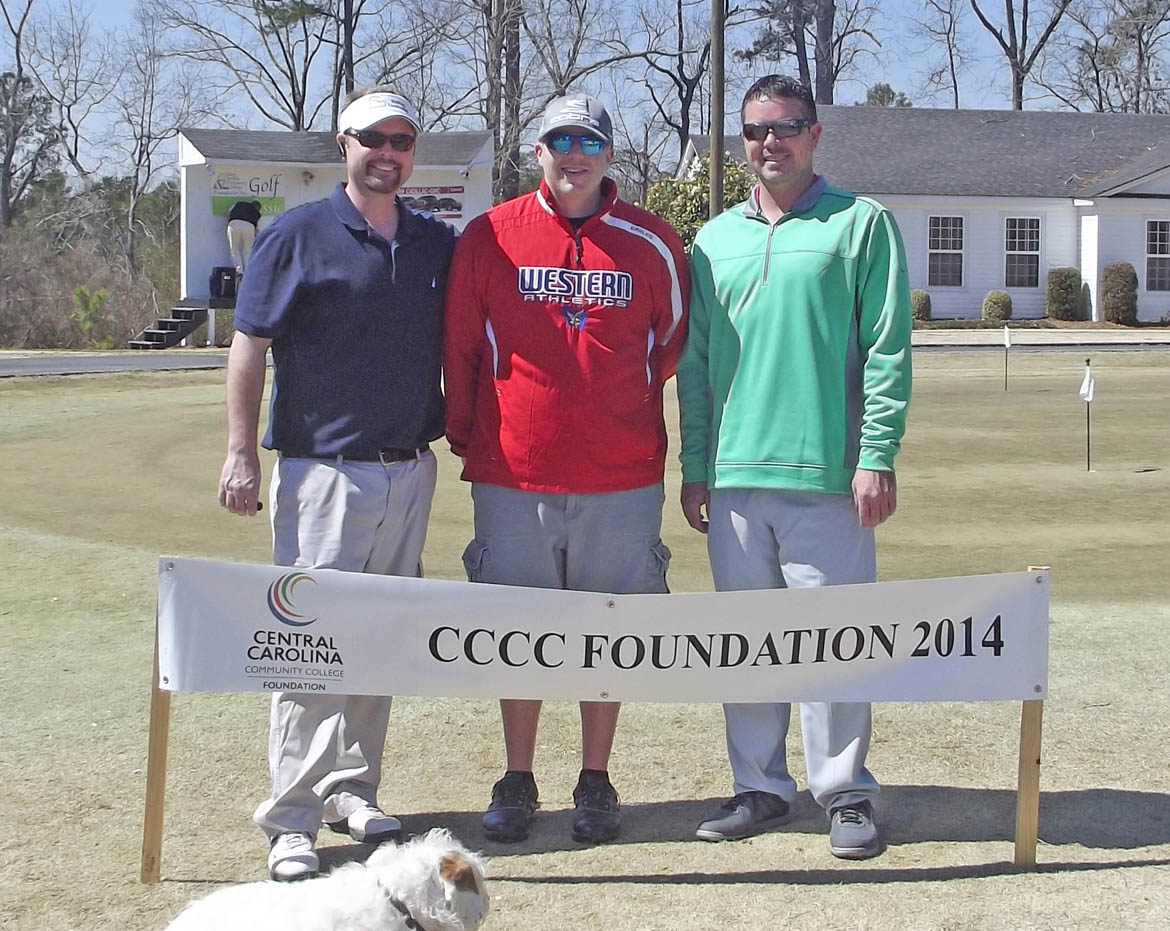 Click to enlarge,  Opportunity was the big winner as golfers wrapped up the first Central Carolina Community College Foundation Harnett County Golf Classic March 20 at Chicora Golf Club. A total of 75 golfers combined fun with fundraising to assist CCCC students who need financial help to afford college. Approximately $10,000 was raised. The proceeds will be used primarily for scholarships. The First Flight Third Place winning team, with a score of 56, was Matt Smith, Robbie Bradford and Travis Bradford, sponsored by Tim McNeill. For information about the Foundation, donating to it, establishing a scholarship, or its fund-raising events, contact Emily Hare, director of the CCCC Foundation and Development Office, 919-718-7230, or ehare@cccc.edu; or Jonathan Hockaday, 919-718-7231 or jhockaday@cccc.edu.  