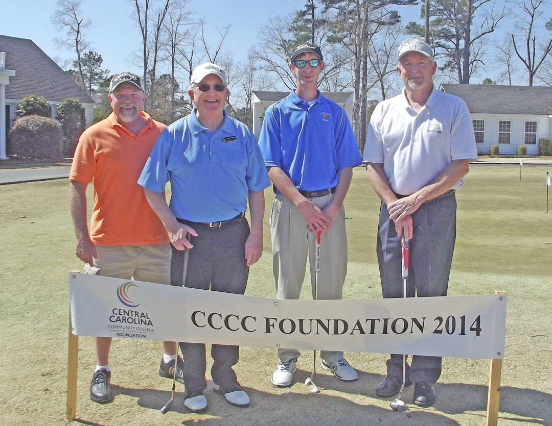 Click to enlarge,  Opportunity was the big winner as golfers wrapped up the first Central Carolina Community College Foundation Harnett County Golf Classic March 20 at Chicora Golf Club. A total of 75 golfers combined fun with fundraising to assist CCCC students who need financial help to afford college. Approximately $10,000 was raised. The proceeds will be used primarily for scholarships. The Second Flight First Place winning team, with a score of 63, was Len Royals, Bill Tyson, Jonathan Hockaday and Mike Jones, sponsored by First Federal. For information about the Foundation, donating to it, establishing a scholarship, or its fund-raising events, contact Emily Hare, director of the CCCC Foundation and Development Office, 919-718-7230, or ehare@cccc.edu; or Jonathan Hockaday, 919-718-7231 or jhockaday@cccc.edu.  
