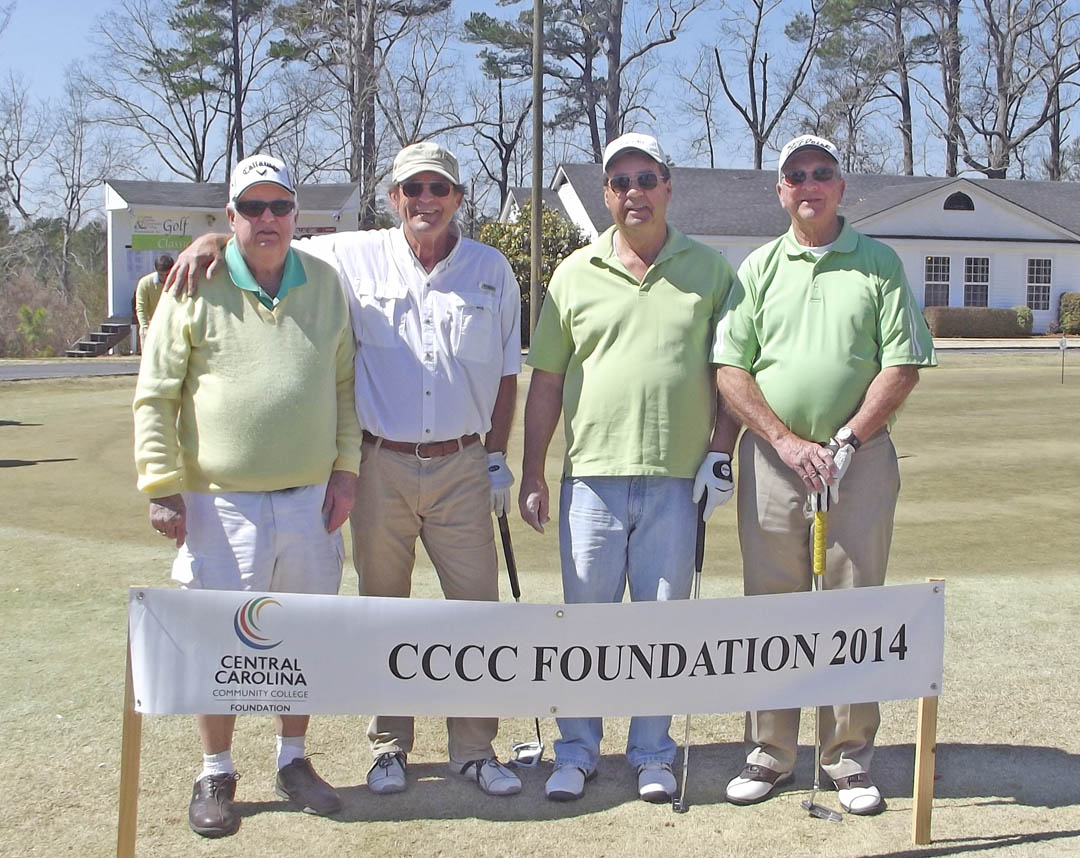 Click to enlarge,  Opportunity was the big winner as golfers wrapped up the first Central Carolina Community College Foundation Harnett County Golf Classic March 20 at Chicora Golf Club. A total of 75 golfers combined fun with fundraising to assist CCCC students who need financial help to afford college. Approximately $10,000 was raised. The proceeds will be used primarily for scholarships. The Second Flight, Third Place winning team, with a score of 64, was Jimmy Coleman, Ray Hodges, Danny Roberts and Bobby Womble, sponsored by Womble Realty. For information about the Foundation, donating to it, establishing a scholarship, or its fund-raising events, contact Emily Hare, director of the CCCC Foundation and Development Office, 919-718-7230, or ehare@cccc.edu; or Jonathan Hockaday, 919-718-7231 or jhockaday@cccc.edu.  