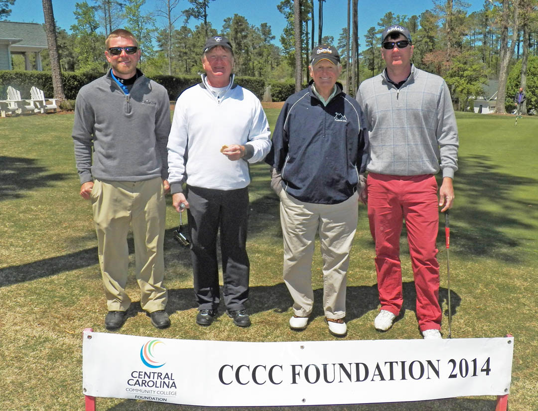 Click to enlarge,  A score of 62 earned the team of  John Pridgen, Bud Hare, Steve Carter and Deane Hundley, all of Lee County, Third Place in the First Flight at the Central Carolina Community College Foundation's Chatham Golf Classic. Welford Harris sponsored the team. The April 16 event, held at The Preserve at Jordan Lake Golf Club, attracted 50 golfers who combined fun with the serious goal of fundraising. Approximately $10,000 was raised, which will be used by the Foundation primarily for scholarships to assist CCCC students. The Foundation is a 501(c)(3) charitable organization affiliated with, but independent of, the college. For more information, contact Emily Hare, 919-718-7230, or ehare@cccc.edu; or Jonathan Hockaday, 919-718-7231 or jhockaday@cccc.edu. Information is also available at the CCCC Foundation  website, www.cccc.edu/foundation. 