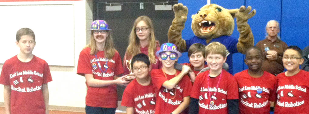 Click to enlarge,  The East Lee Middle School robotics team won trophies for Best Performance Overall and Robot Design at the middle school robotics competition held Nov. 15 at Central Carolina Community College. 