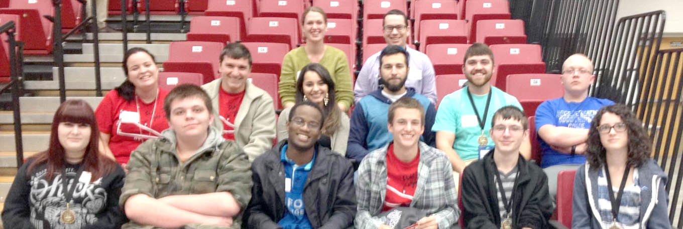 Click to enlarge,  Members of the CCCC math team that participated in the North Carolina Mathematical Association of Two Year Colleges Competition are pictured, left to right: front row, Christa Rhinehart, Austin Lamb, Earl Vaughn-Williams, Doug Amrhein, Jordan McKay, and Toni Szabo; middle row, Lauren Torga, Isaac Phillips, Marcella Hernandez-Matute, Alex Loredo, Jacob Pedley, and Patrick Yarnell; back row, coaches Charity Turner and Kaan Ozmeral. 
