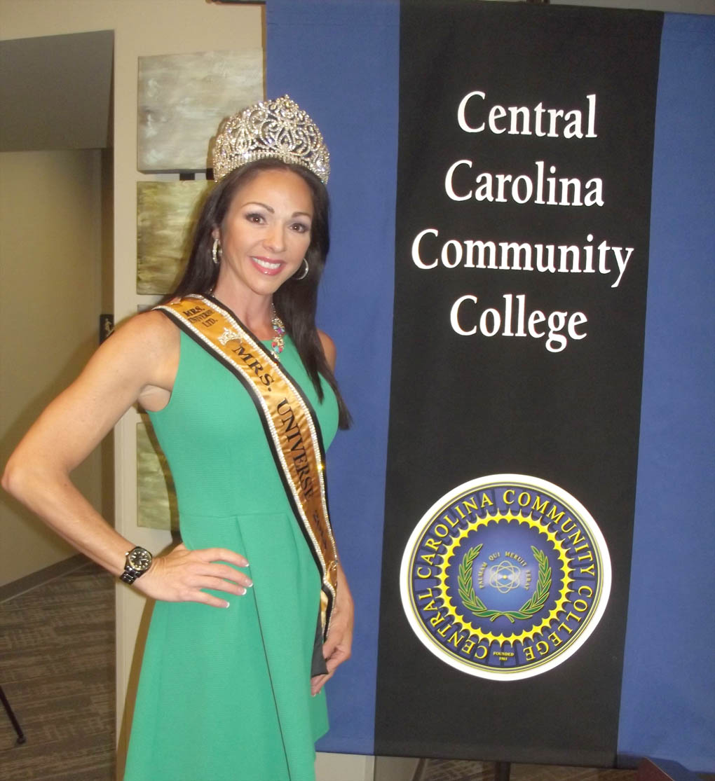 Click to enlarge,  Sabrina Pinion - Mrs. Universe 2014 - visited Central Carolina Community College where she spoke out against domestic violence. 