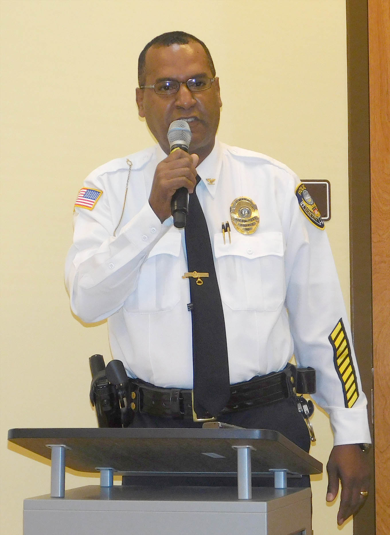 Click to enlarge,  Siler City Police Chief Gary T. Tyson, U.S. Marines veteran, was guest speaker at the Veterans Day program, "Celebrating American Heroes," on Nov. 4 at Central Carolina Community College's Siler City Center. 