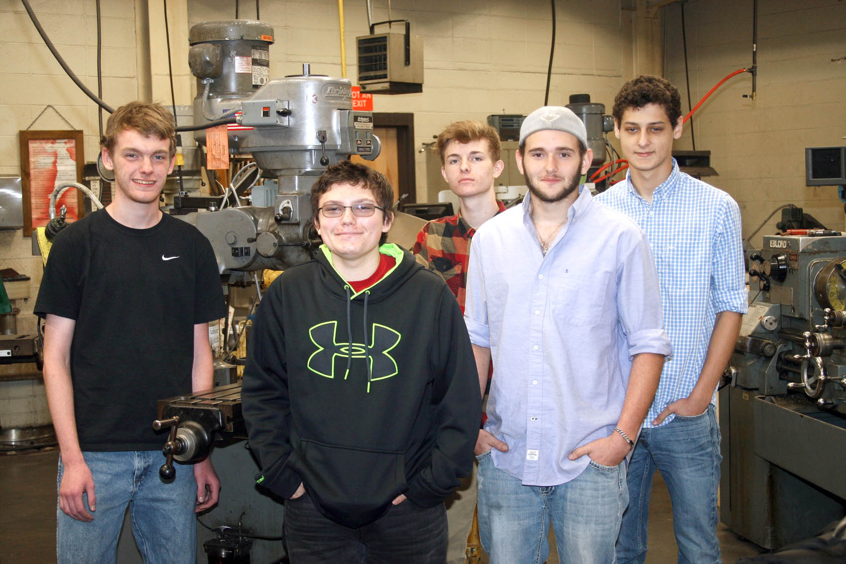 Click to enlarge,  High school seniors in Central Carolina Community College's Harnett County machining apprenticeship include Tyler Walters of Mamers, Jessee Hall of Cameron, Dalton Branson of Cameron, Jacob Mouton of Duncan, and Marshall Norris of Mamers. Also participating in the apprentice program, but not pictured, are John Holly of Mamers and Billy Sullivan of Dunn. 
