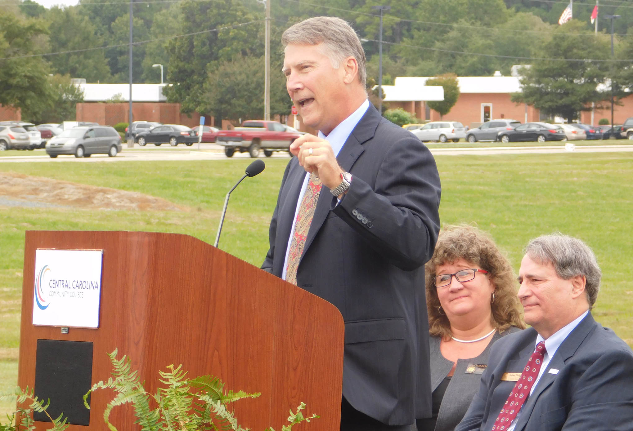 Click to enlarge,  Dennis Wicker, former North Carolina Lieutenant Governor and namesake of the Dennis A. Wicker Civic Center, called the Central Carolina Community College groundbreaking event a festive occasion. 'It's one of joy. One of excitement,' he said. 