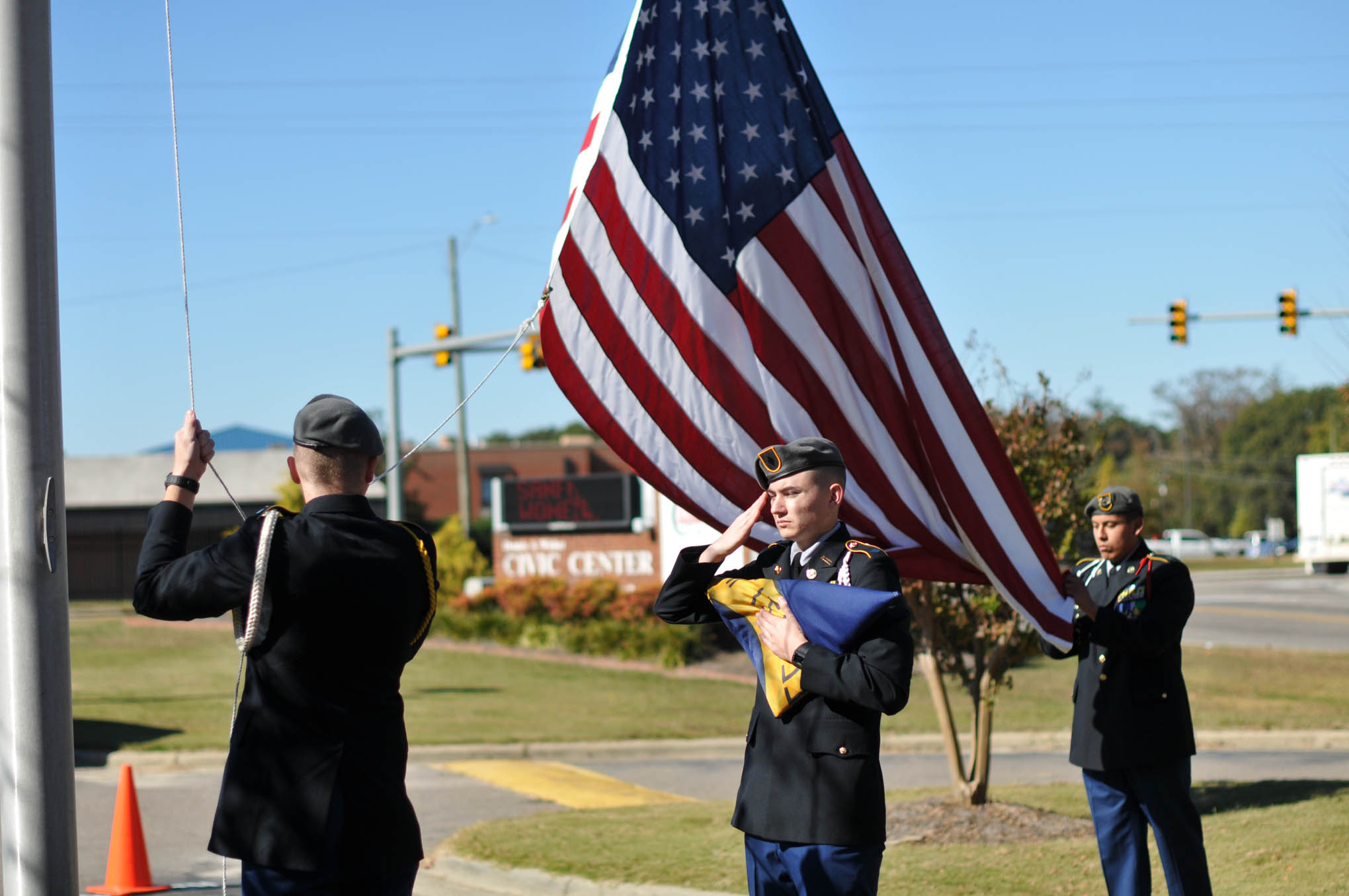 Click to enlarge,  Members of the Southern Lee High School JROTC program participate in the Veterans Day observance on Thursday, Nov. 10, at the Dennis A. Wicker Civic Center. 