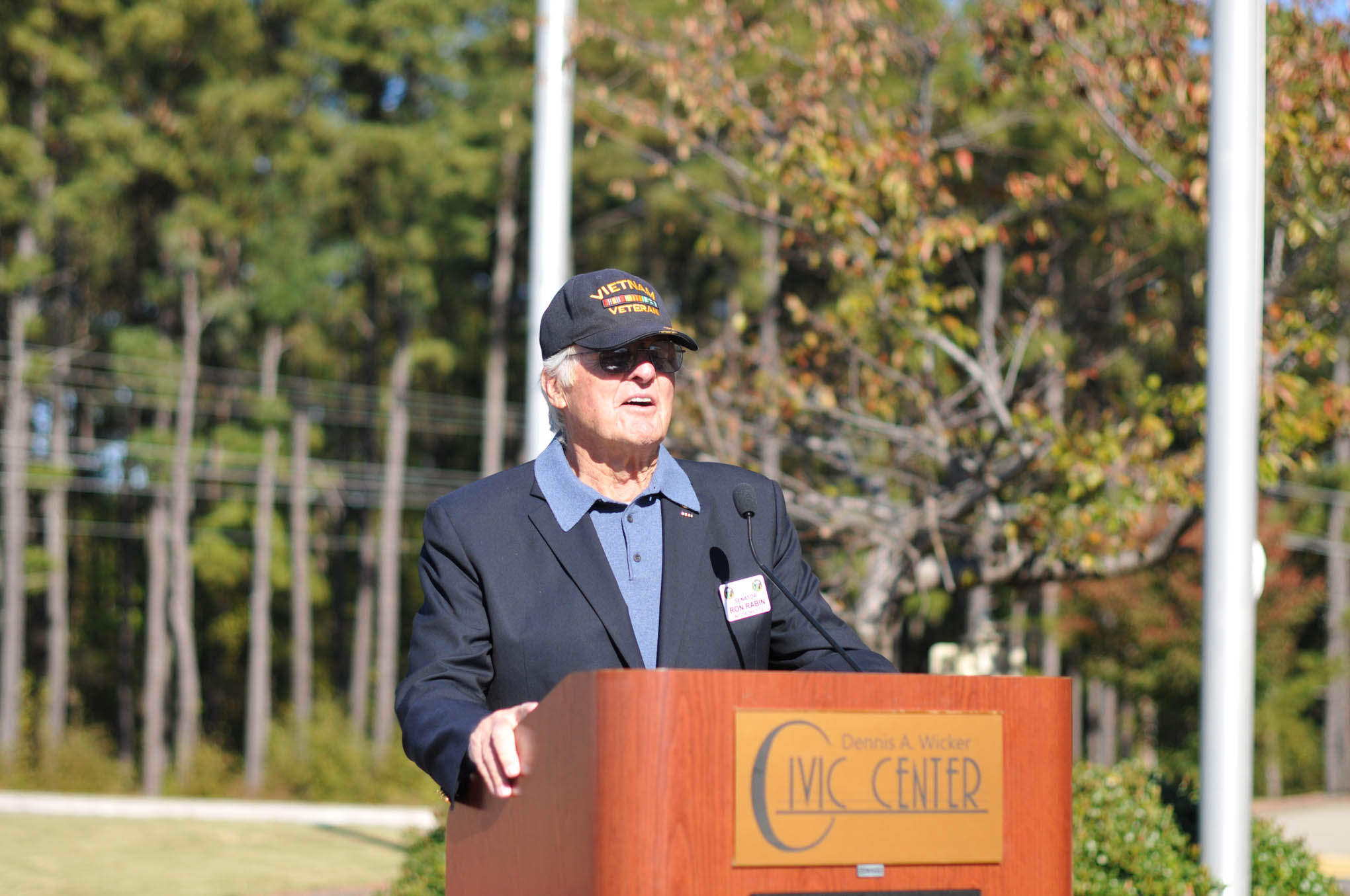 Click to enlarge,  Colonel (Ret.) Ronald Rabin, who serves as a member of the North Carolina Senate, provided opening remarks at the Veterans Day observance on Thursday, Nov. 10, at the Dennis A. Wicker Civic Center. 