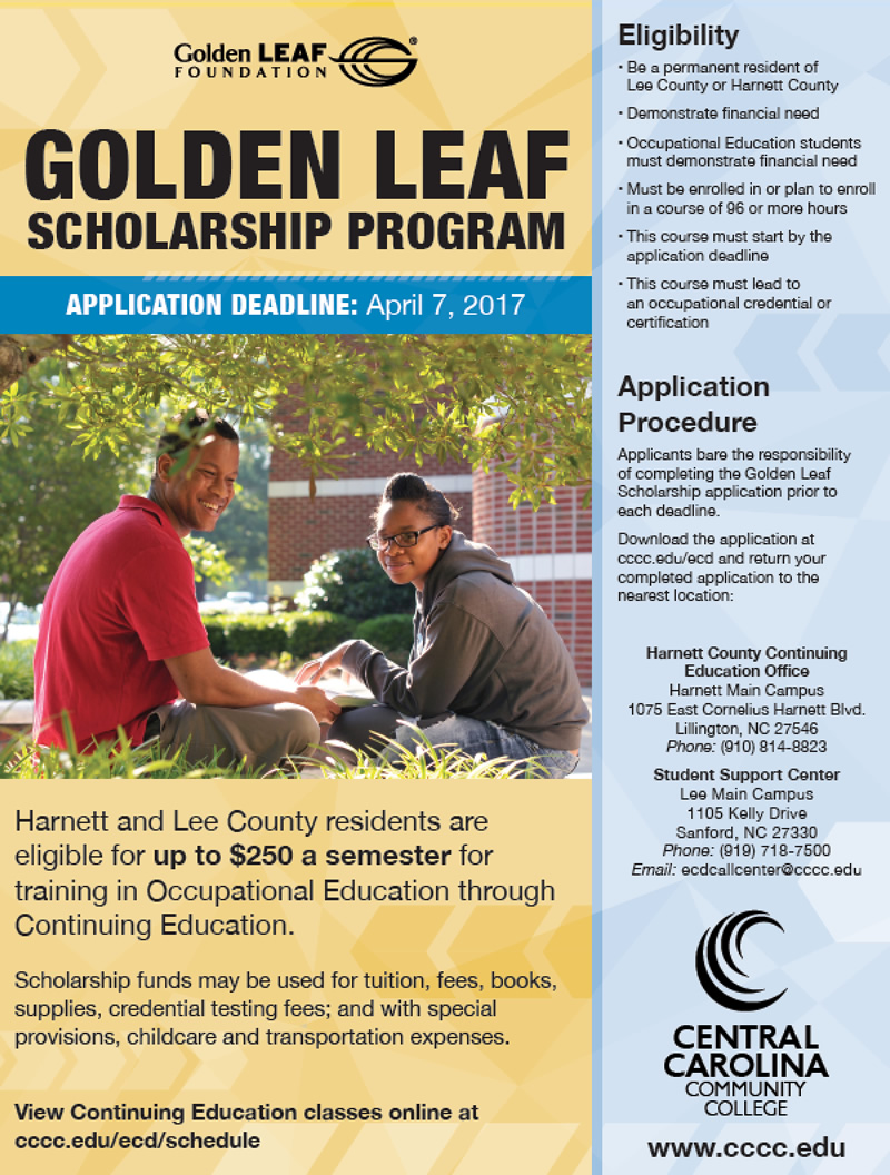 CCCC's Harnett and Lee students eligible for Golden LEAF Scholars Program
