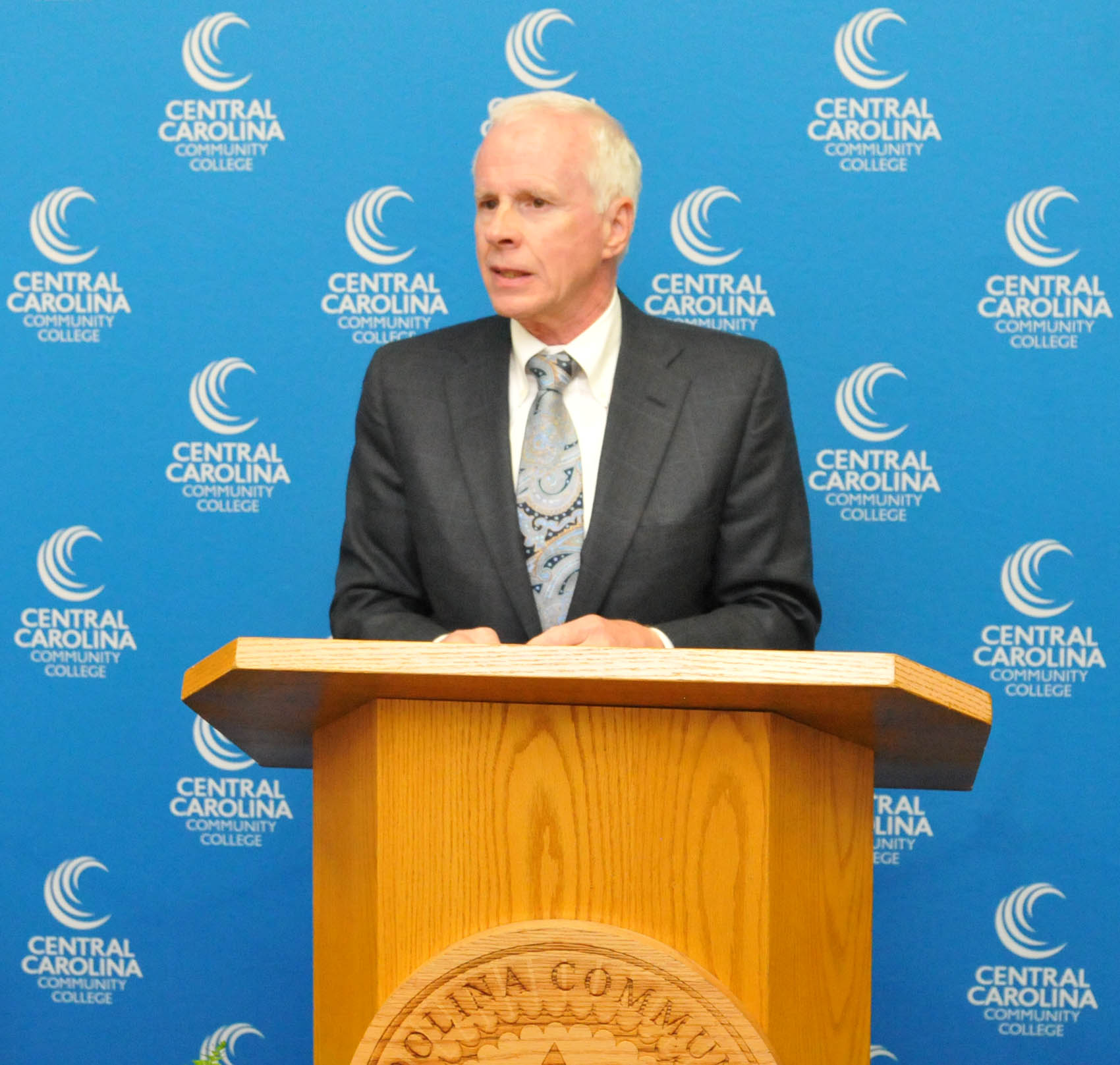 Click to enlarge,  Wayne Staton talked about his family during the dedication of Central Carolina Community College's William W. and Ellen B. Staton Department of Paralegal Studies. 
