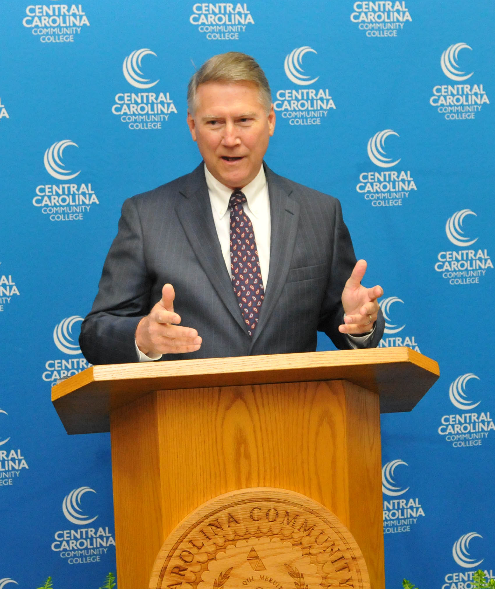 Click to enlarge,  Former North Carolina Lt. Gov. Dennis Wicker spoke at the dedication of Central Carolina Community College's Department of Paralegal Studies in honor of the late William W. and Ellen B. Staton of Sanford. 