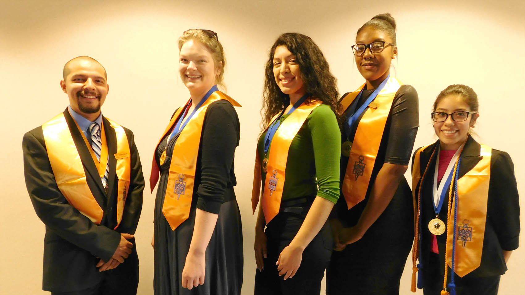 Click to enlarge,  Officers of the Central Carolina Community College Phi Theta Kappa International Honor Society are pictured, left to right: Rogelio Salvador, President; Lauren Vann, Vice President; Janely Rivera, Public Relations Secretary; Yolanda Leach, Recording Secretary; and PTK Regional Vice President Teresa Echeverria. 