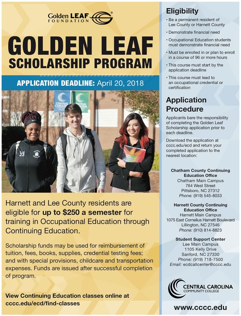 Read the full story, CCCC's Harnett and Lee students eligible for Golden LEAF Scholars Program