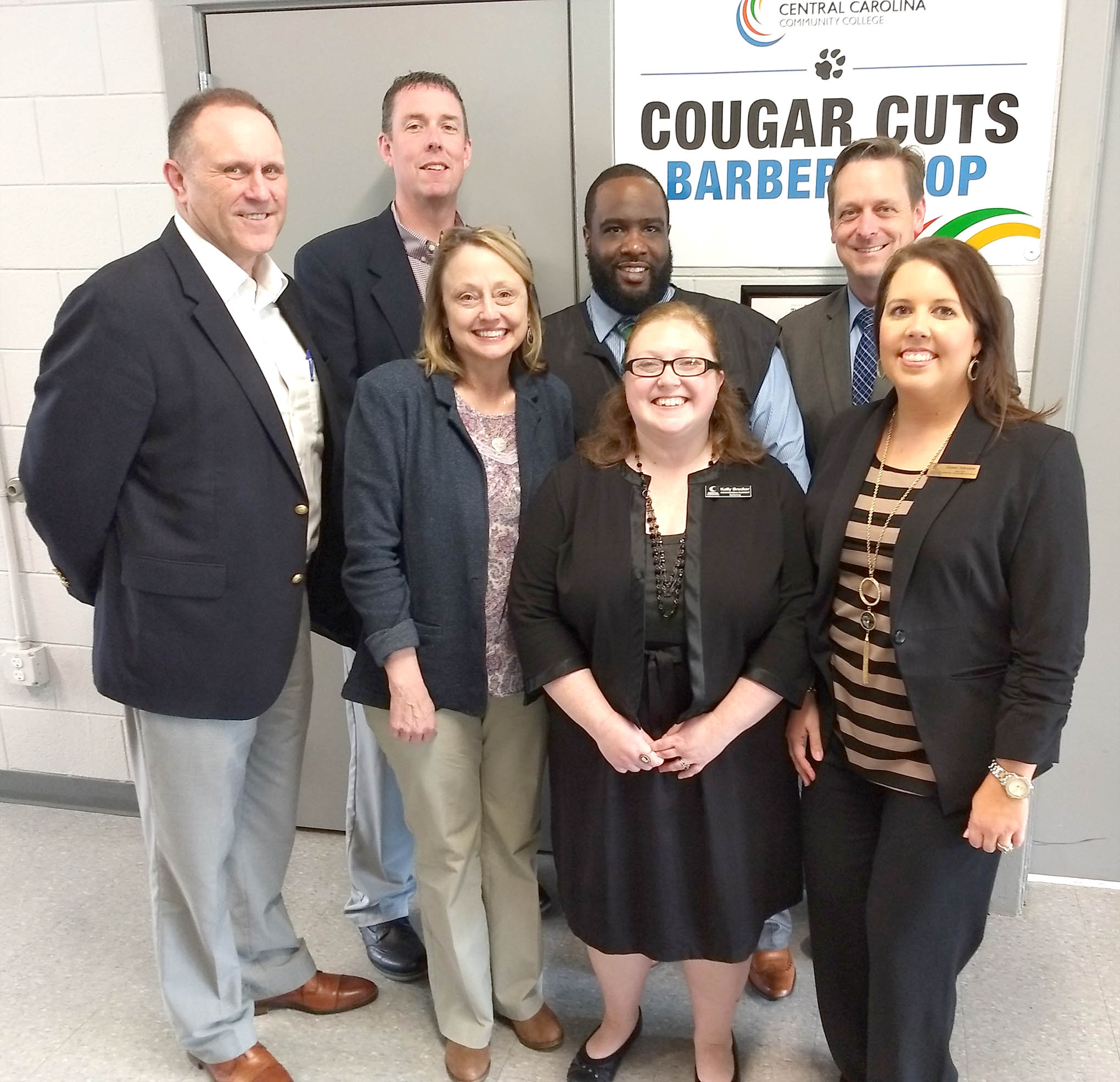 Click to enlarge,  The Central Carolina Community College Barbering program recently hosted officials from McDowell Technical Community College at the CCCC Dunn Center. Visiting were McDowell President Dr. John Gossett; Dr. Penny Cross, Vice President for Learning and Student Services; and Ryan Garrison, Vice President for Finance and Administration. Representing CCCC during the visit were Dr. Jon Matthews, Harnett Provost; Arthur McCullers, Barbering Instructor; Susan Johnson, Department Chair of Cosmetic Arts; and Kelly Brucker, Barbering Administrative Assistant. 