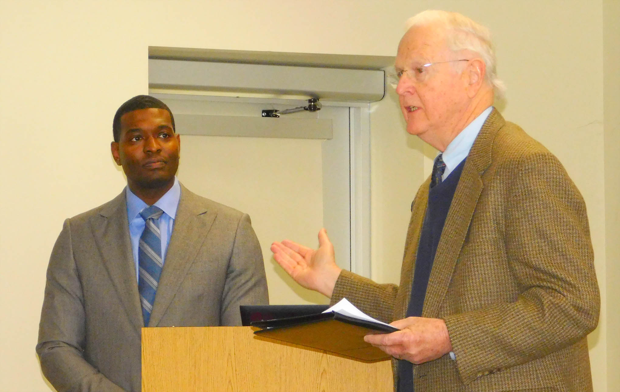 Click to enlarge,  Michael S. Regan (left), Secretary of the N.C. Department of Environmental Quality, who was the speaker for Central Carolina Community College's second sustainable speaker series, is pictured with Richard Hayes (right). The event was sponsored by the Richard and Rebecca Hayes Endowed Lecture Fund for Environmental Policy and Stewardship through the CCCC Foundation. 