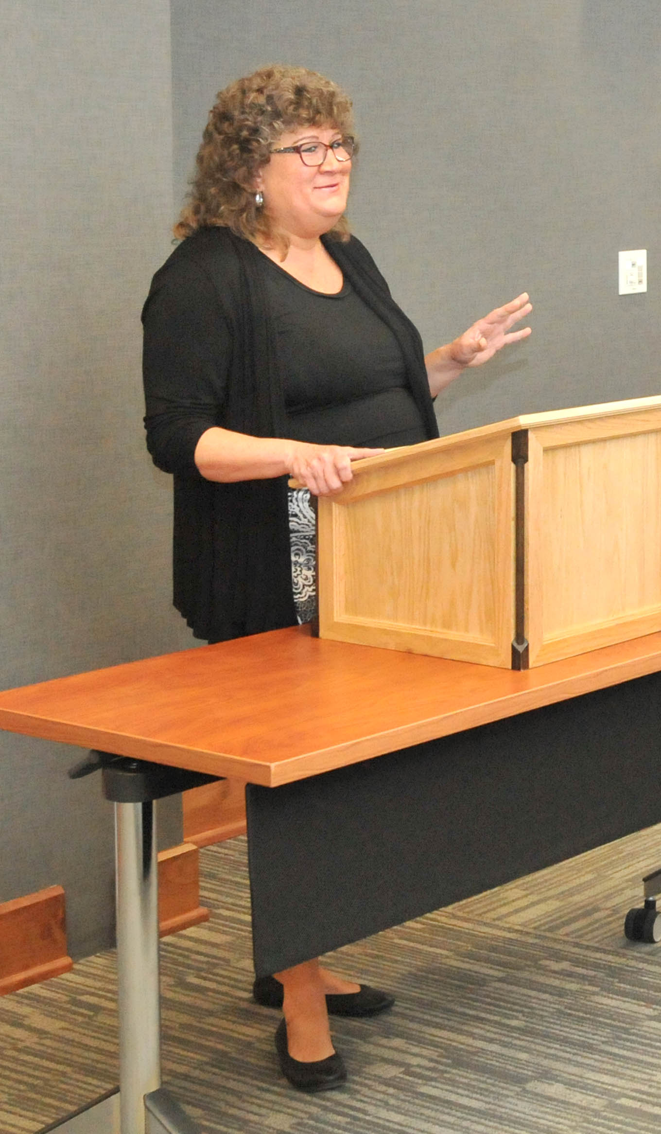 Click to enlarge,  Amy Dalrymple, Chair of the Lee County Board of Commissioners, speaks at an information session and kick-off event for the Lee County Promise program starting this year at Central Carolina Community College. 