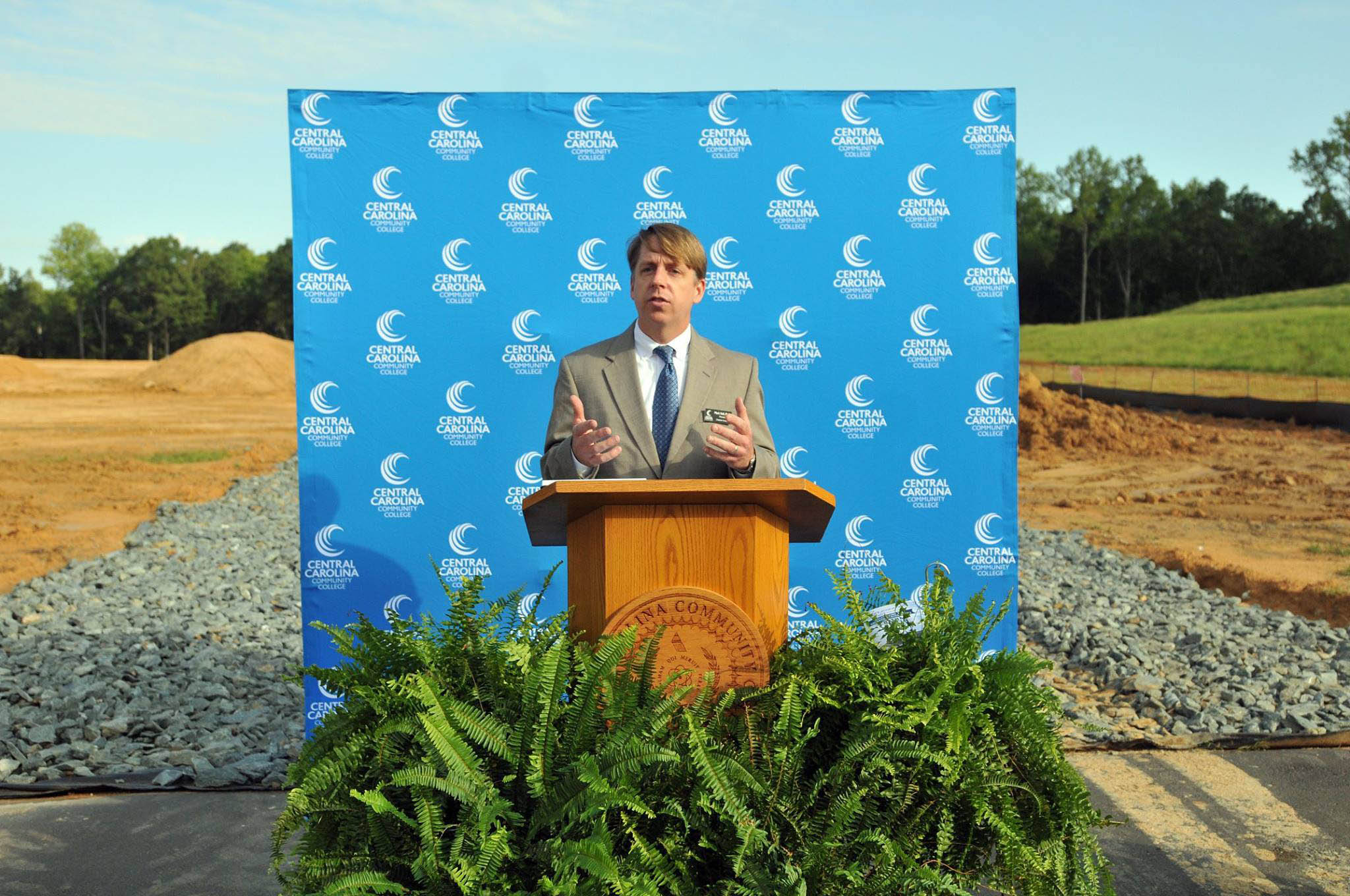 Click to enlarge,  Dr. Mark Hall, Central Carolina Community College Chatham Provost, spoke at the college's Aug. 22 groundbreaking ceremony for the new Chatham Health Sciences Center. 