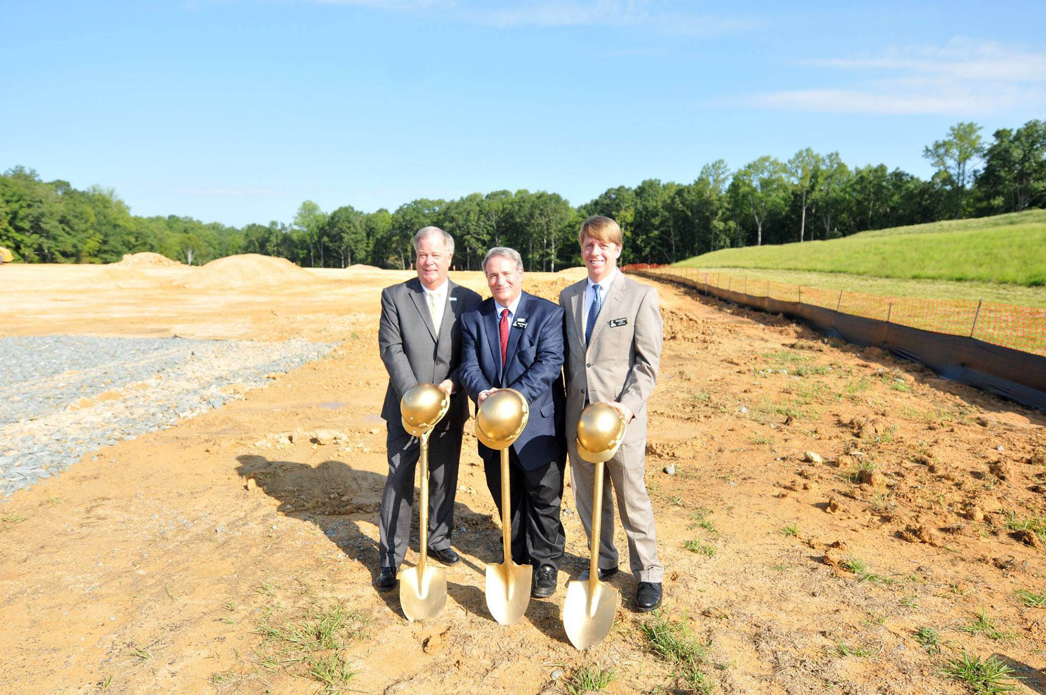 Click to enlarge,  CCCC President Dr. T. Eston Marchant, CCCC Board of Trustees Chairman Julian Philpott, and CCCC Chatham Provost Dr. Mark Hall participate in the Aug. 22 groundbreaking ceremony for the new CCCC Chatham Health Sciences Center. 