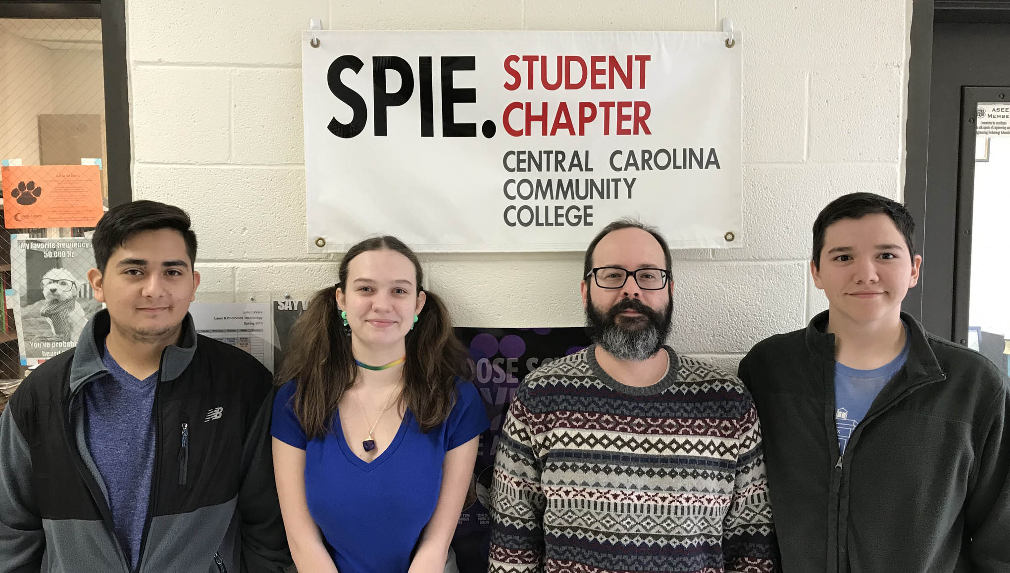 Click to enlarge,  The Central Carolina Community College SPIE Student Chapter will host an "Interviewing Skills Panel" on Monday, March 18, in the Miriello Building (Multi-Purpose Room 135) at the CCCC Harnett Main Campus, 1075 E. Cornelius Harnett Blvd., Lillington. Pictured here are CCCC SPIE Student Chapter officers (left to right) Angel Gonzalez (Vice President), Skylar Overby (President), John Brooks (Treasurer), and Michael Murray (Secretary). 