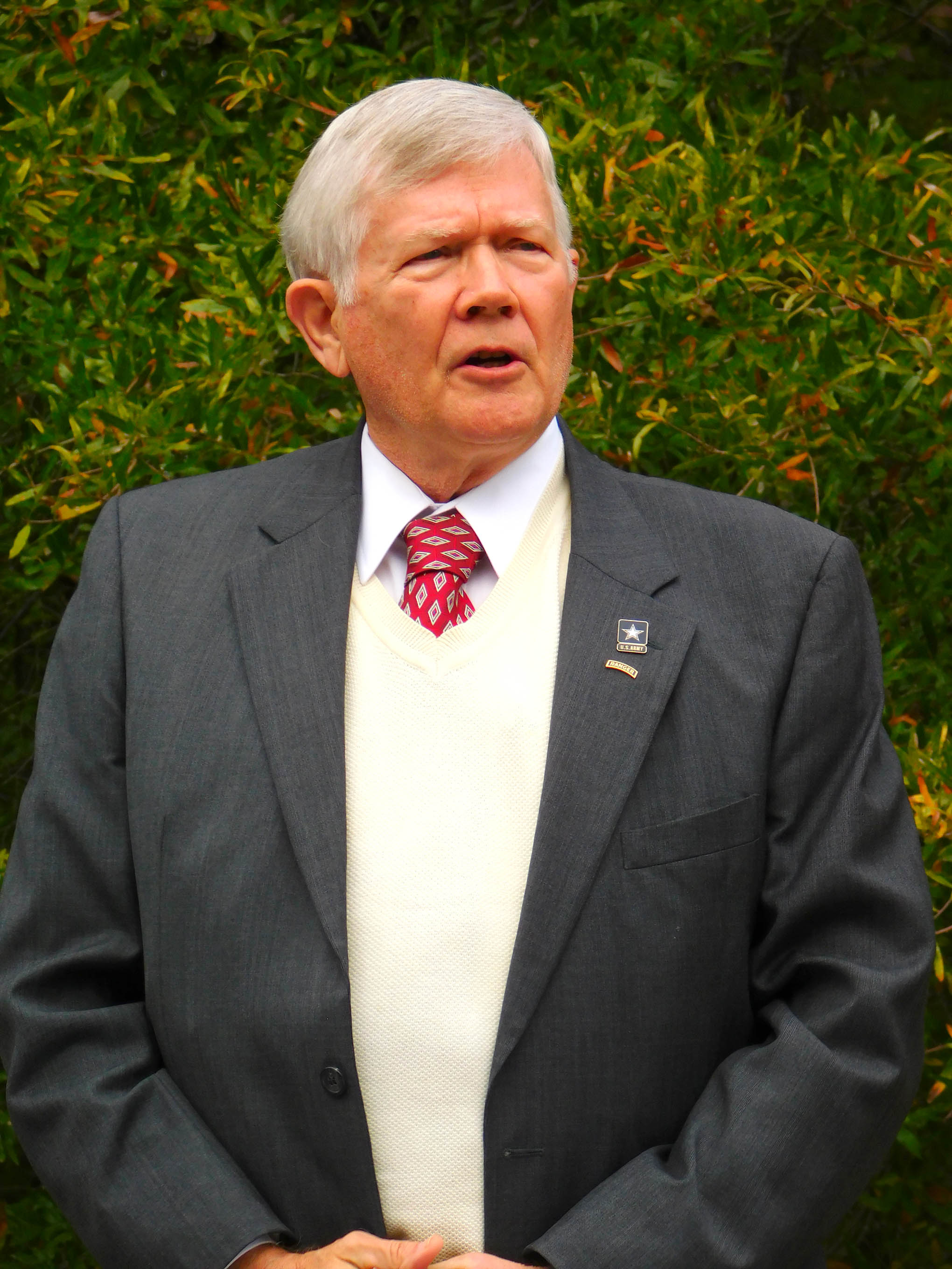Click to enlarge,  Jay Stobbs, retired Army veteran from Chatham County, was ceremony leader for the 2019 Veterans Day observance at the Central Carolina Community College Siler City Center.  