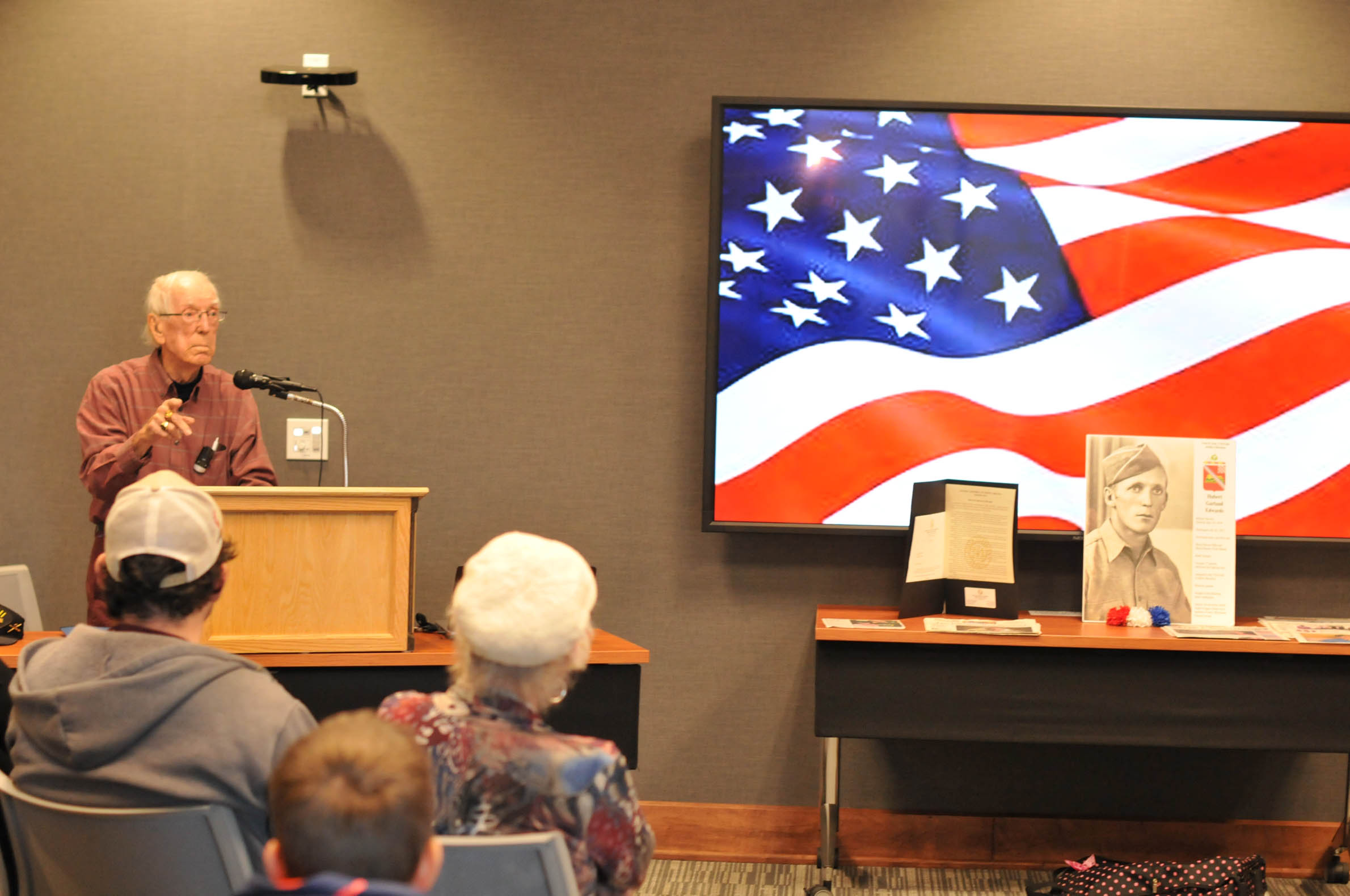 Click to enlarge,  Hubert Garland Edwards shared his memories of World War II during a recent program at Central Carolina Community College sponsored by the CCCC Student Ambassadors 
