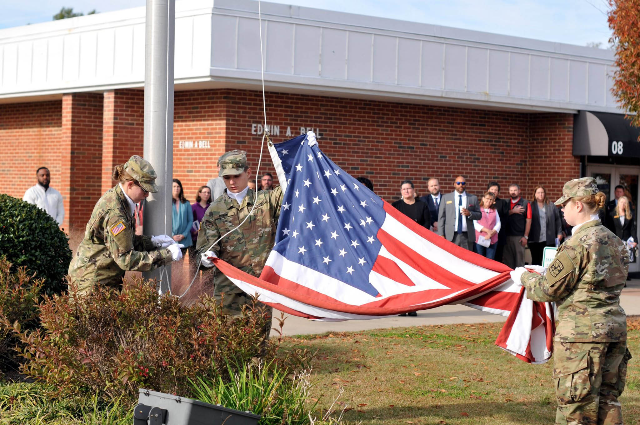 Click to enlarge,  The Campbell University ROTC displays the American flag during a Veterans Day Ceremony held Monday, Nov. 11, at the Central Carolina Community College Lee Main Campus in Sanford, N.C. 