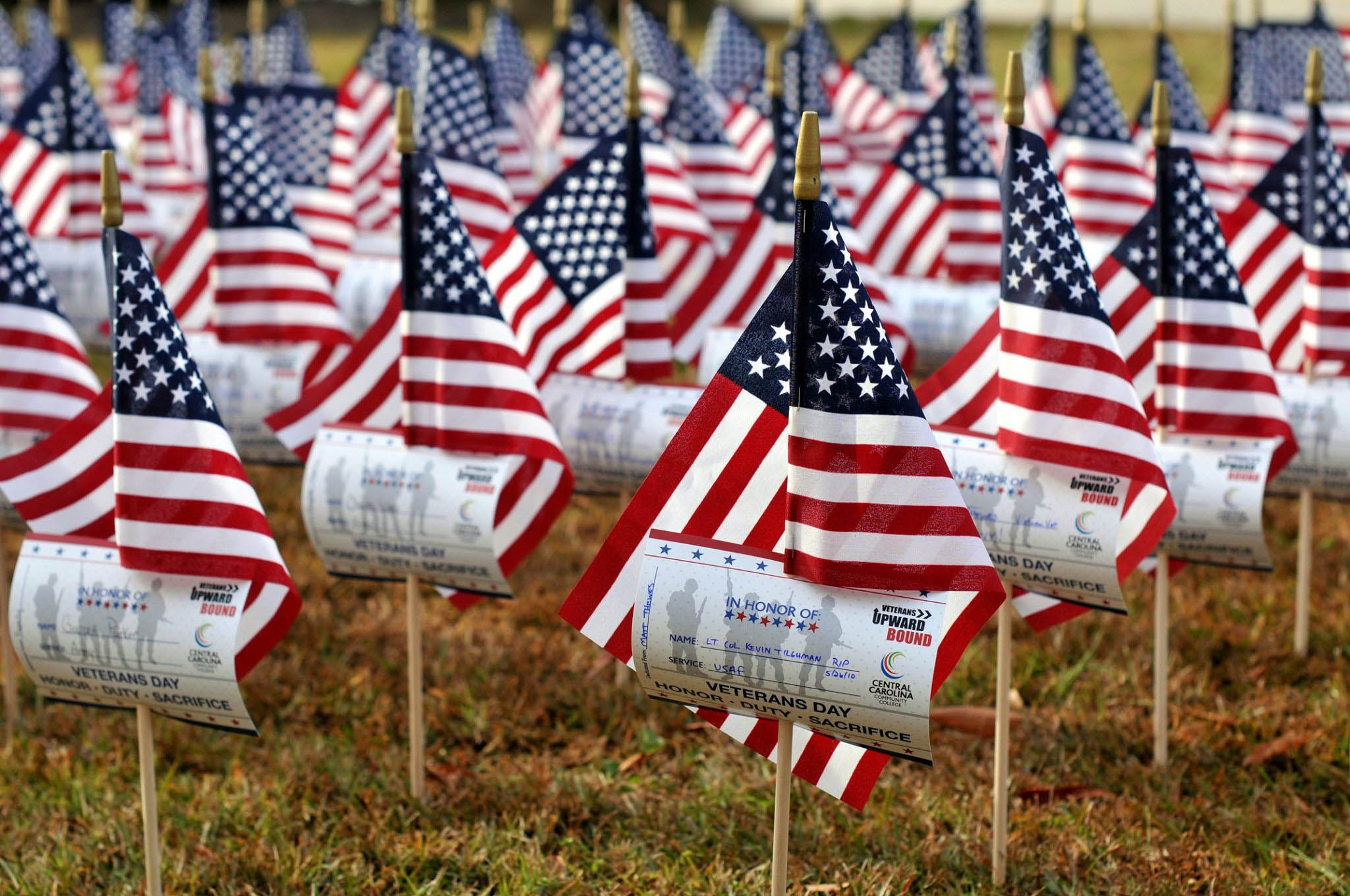 Click to enlarge,  American flags are prominent during a Veterans Day Ceremony held Monday, Nov. 11, at the Central Carolina Community College Lee Main Campus in Sanford, N.C. 