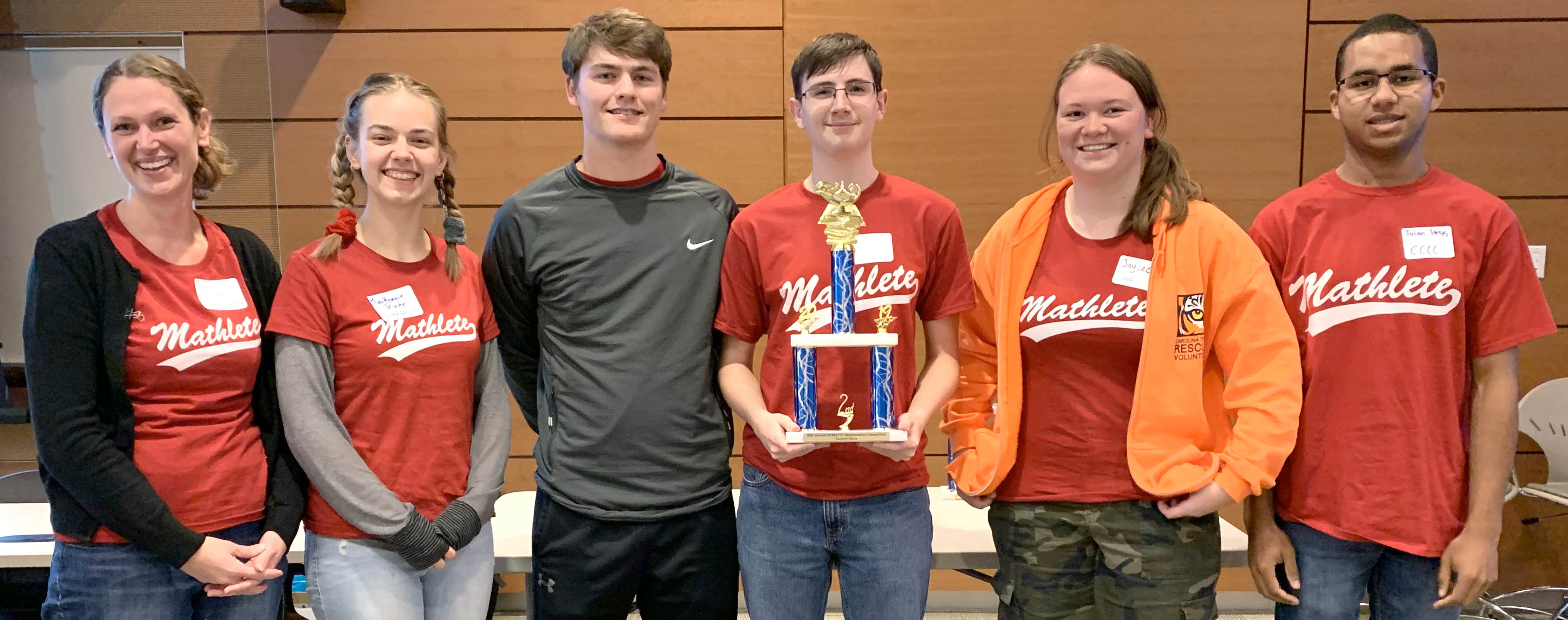 Click to enlarge,  The Central Carolina Community College Math Club recently competed -- and finished second -- in the North Carolina Mathematical Association of Two Year Colleges (NCMATYC) mathematics competition event held at Wake Tech Community College in Raleigh. Pictured the CCCC Math Club team, left to right: Charity Turner (Math Club Faculty Advisor), Mackenzie Roche, Drew Bryan, Sean Blackburn, Jaycee Sansom, and Julian Banguera Torres. Mackenzie Roche placed third of all competing students in the morning calculus competition. 