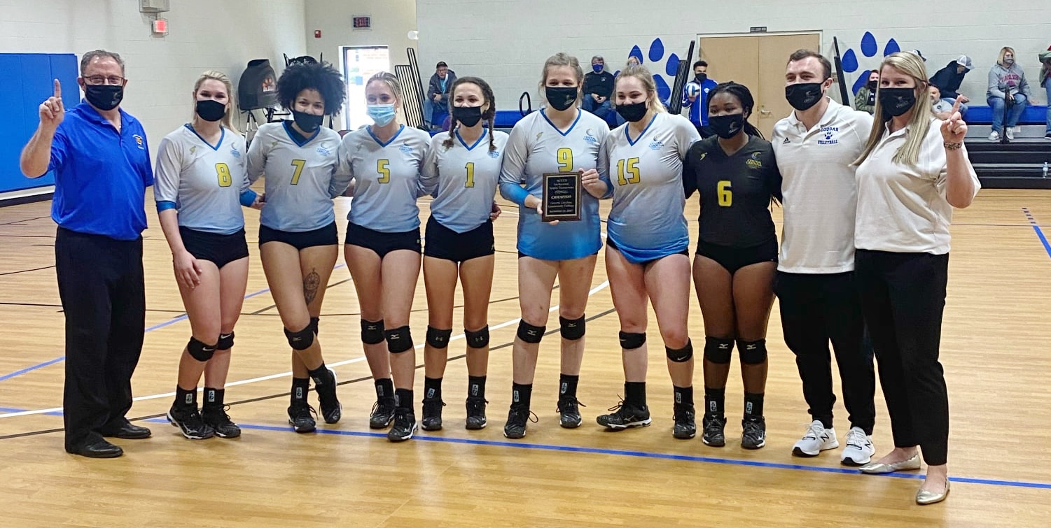 Click to enlarge,  The Central Carolina Community College volleyball team recently won the National Junior College Athletic Association (NJCAA) Division III Region 10 regular season and tournament championship. Pictured are, left to right: Coach Bill Carter, Mekenzie Harris, Jalonni Gadist, Grace McAllister, Lily Bonner, Taylor Rosser, Breighanna Hobbs, Pristina Tabon, Coach Will Carter, and Coach Marissa Thomas. Not pictured is Kaiyan Padilla. 