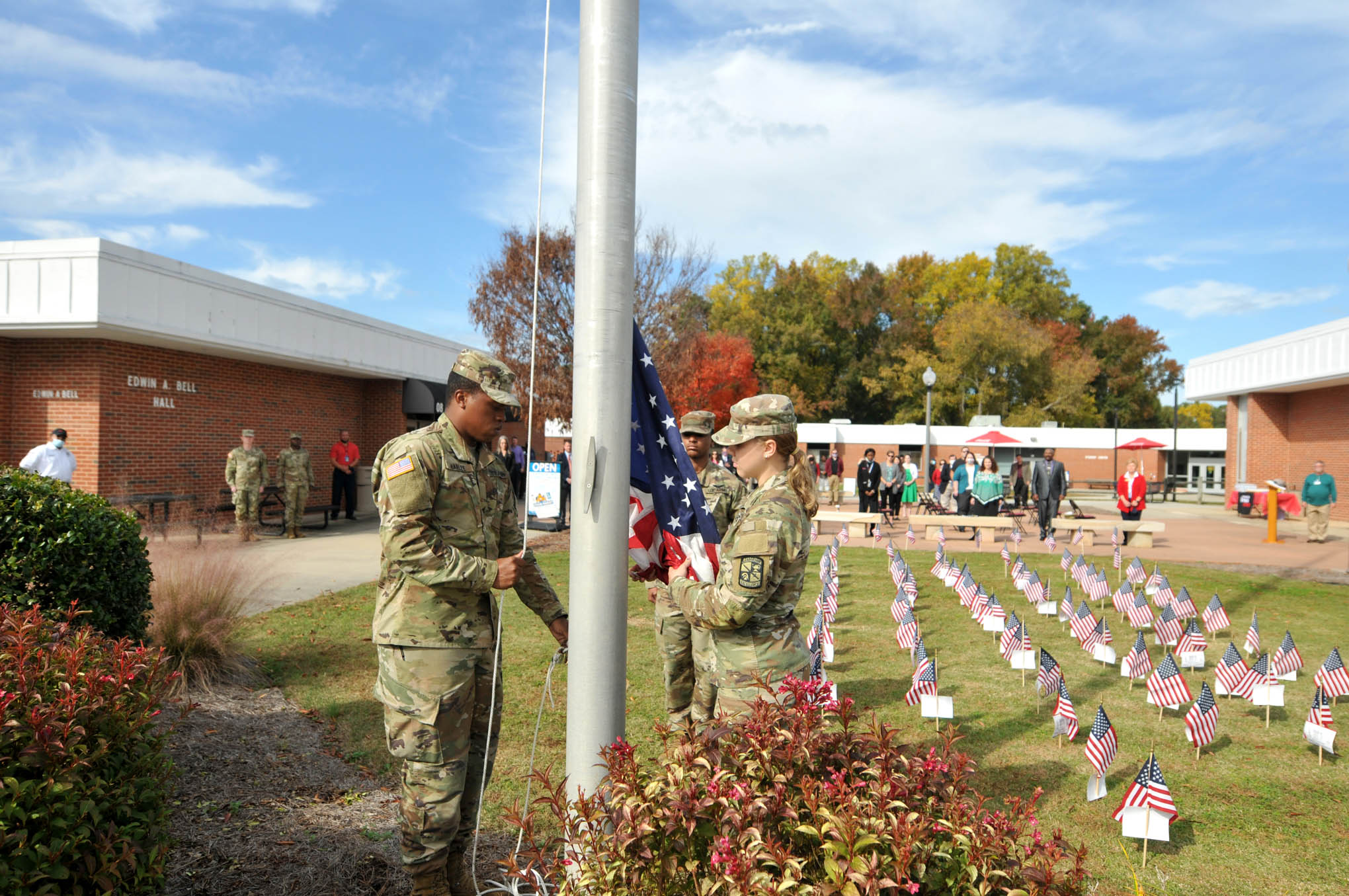 Click to enlarge,  Members of the Campbell University ROTC participated in the Raising of the Flag and Flag Folding Ceremony at the Central Carolina Community College Veterans Day Ceremony on Thursday, Nov. 11. 