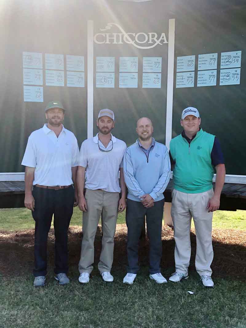 Click to enlarge,  The team of Mark Eason, Collin Peregoy, Alex Moss, and Jason Bethune -- sponsored by First Bank of Lillington - finished third in the Ninth Central Carolina Community College Foundation Harnett Golf Classic April 20 at Chicora Golf Club. 
