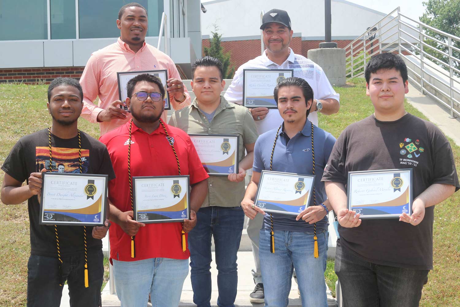 Click to enlarge,  Central Carolina Community College Brothers of Excellence award recipients include, left to right: first row, Brent Alexander, Jairo Diaz, Leo Hernandez Cristobal, Hector Ramirez, and Roberto Morales; second row, Kenneth Caraway and Rickie Rembert. 