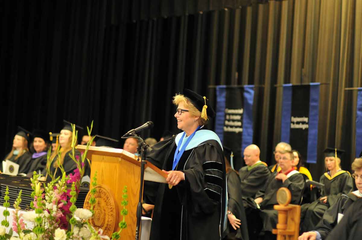 Click to enlarge,  Dr. Lisa M. Chapman, Central Carolina Community College President, speaks to graduates at the 59th Commencement Exercises on May 16 at the Dennis A. Wicker Civic &amp; Conference Center in Sanford. 