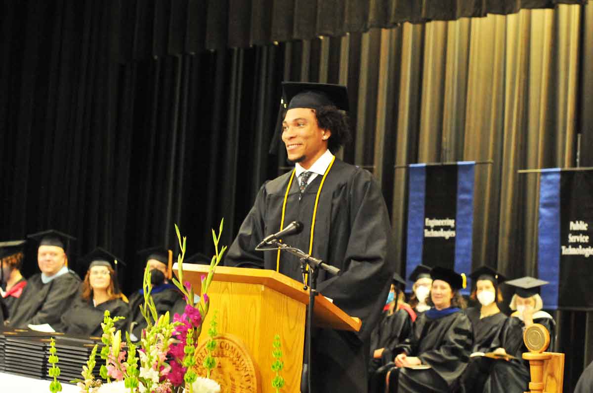 Click to enlarge,  Zaire McMican of Fuquay-Varina spoke to Central Carolina Community College graduates at the 11 a.m. program. The CCCC 59th Commencement Exercises was held May 16 at the Dennis A. Wicker Civic &amp; Conference Center in Sanford. 