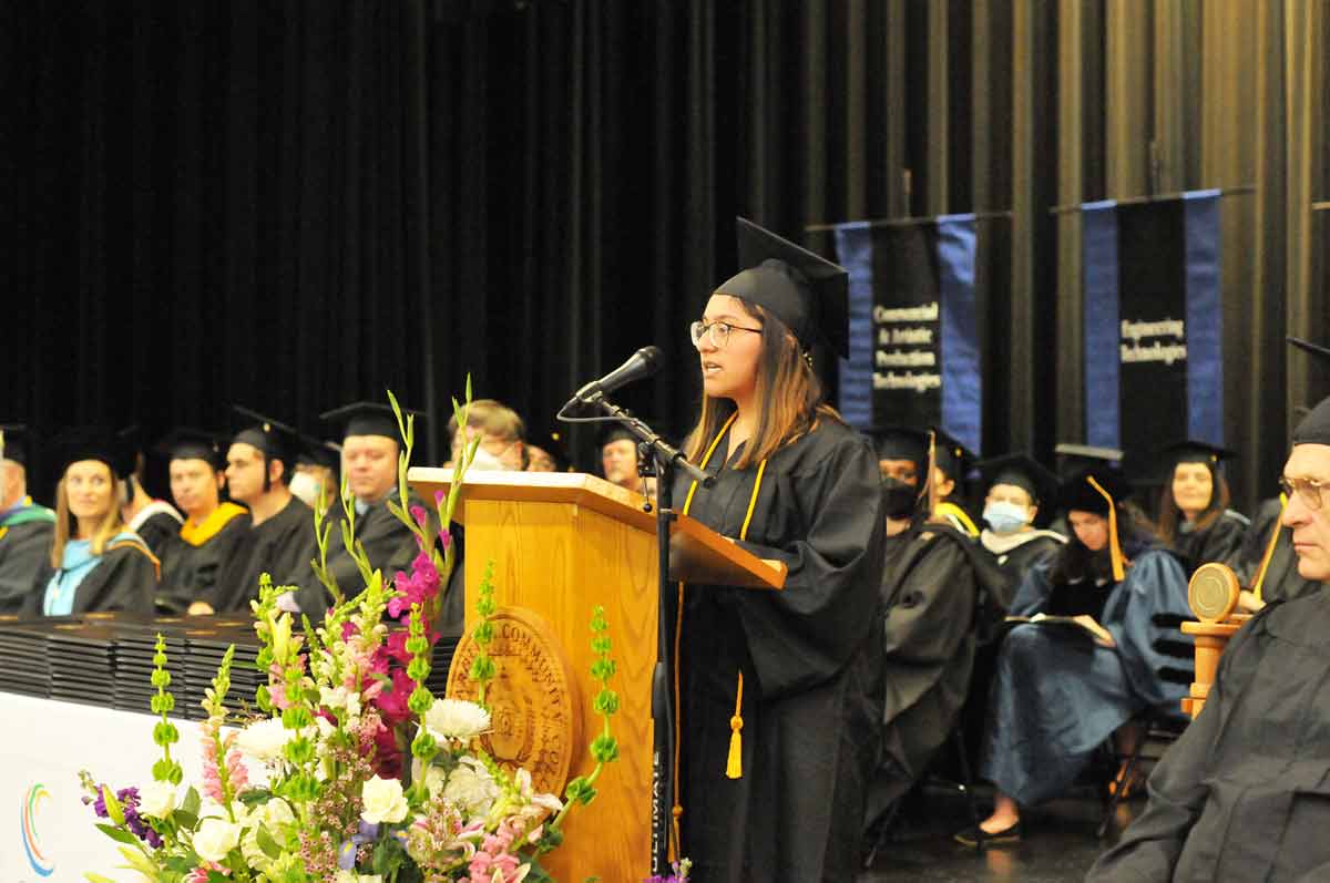 Click to enlarge,  Nikki Lara of Sanford spoke to Central Carolina Community College graduates at the 1 p.m. program. The CCCC 59th Commencement Exercises was held May 16 at the Dennis A. Wicker Civic &amp; Conference Center in Sanford. 