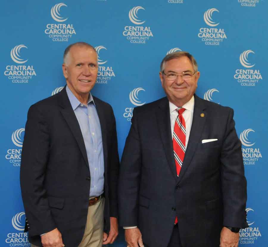 Click to enlarge,  U.S. Senator Thom Tillis (left) visits with N.C. Senator Jim Burgin, who serves as Vice Chair of the Central Carolina Community College Board of Trustees. 