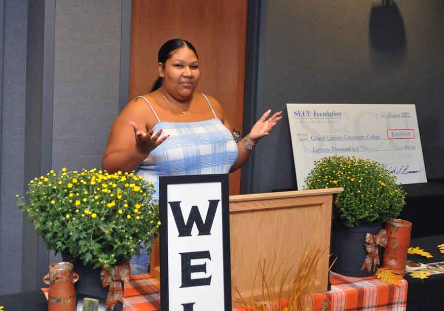 Click to enlarge,  Merina Holmes, Nurse Aide student and SECU Scholarship awardee, speaks to the benefits of this scholarship and the program. 