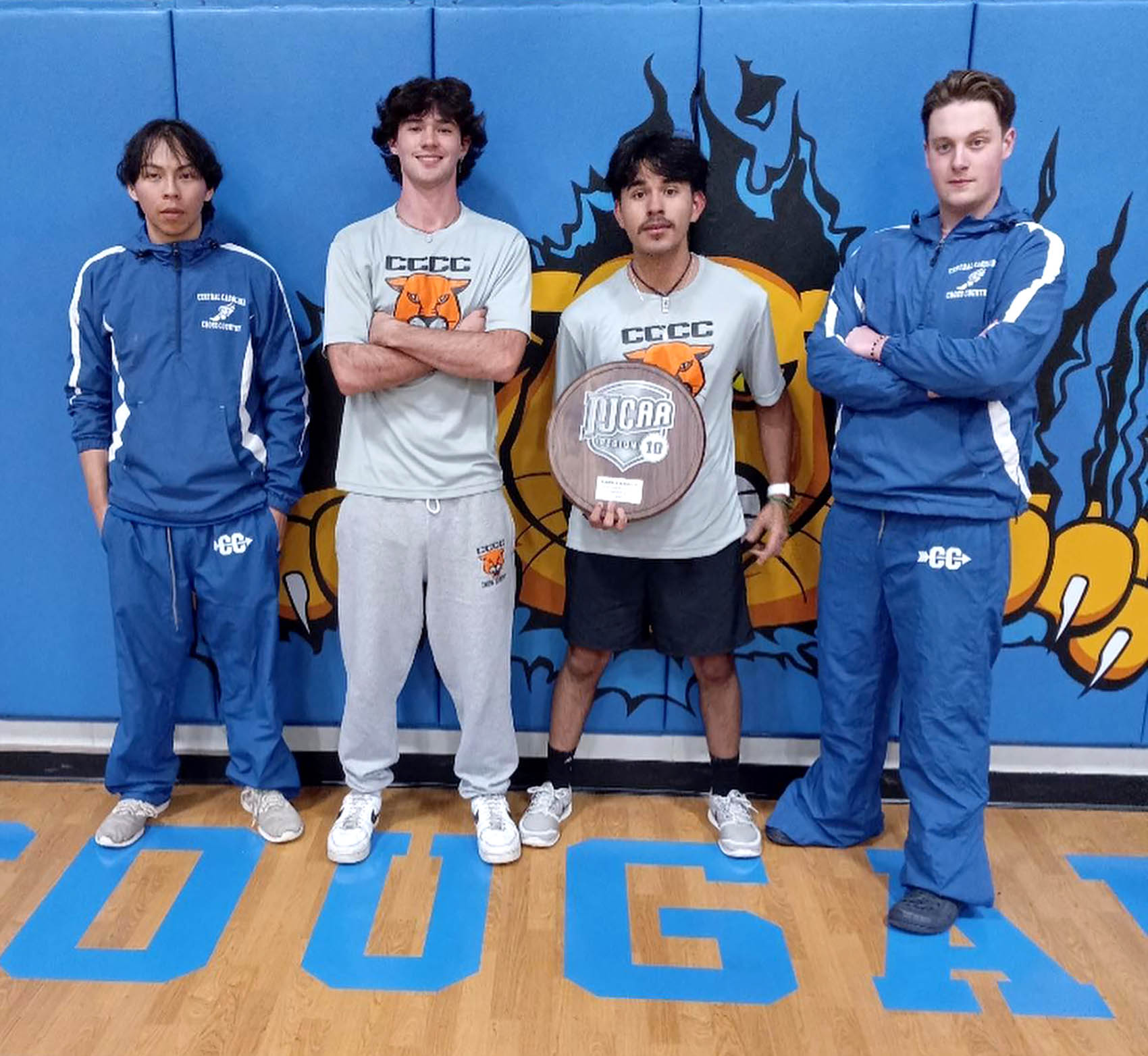 Click to enlarge,  Members of the Central Carolina Community College's National Junior College Athletic Association Region 10 Division III men's cross country second-place team are pictured, left to right: Juan Martinez, Kyle Howarth, Isaac Leon-Mendoza, and Colton Taylor. Not pictured is Ben Eck. 