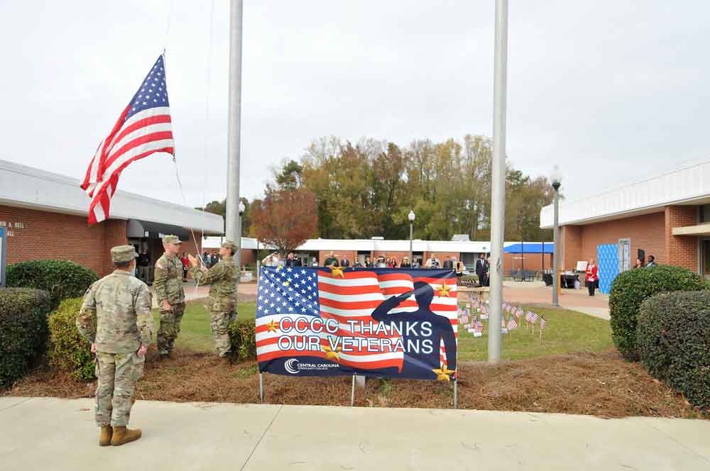 Click to enlarge,  Members of the Campbell University ROTC participated in the Raising of the Flag and Flag Folding Ceremony at the Central Carolina Community College Veterans Day Ceremony on Thursday, Nov. 10. 