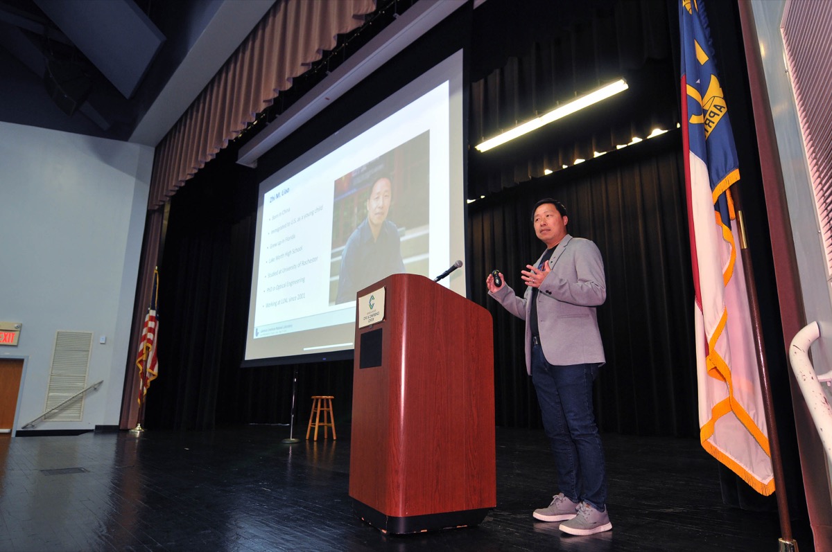 Click to enlarge,  Dr. Zhi M. Liao, of Lawrence Livermore National Laboratory, spoke about the nuclear fusion breakthrough during a presentation at Central Carolina Community College on April 25. 