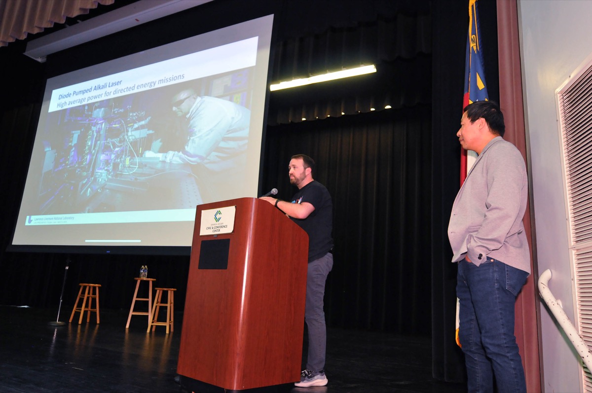 Click to enlarge,  David Pope (left) and Dr. Zhi M. Liao, both of Lawrence Livermore National Laboratory, visited Central Carolina Community College on April 25. 