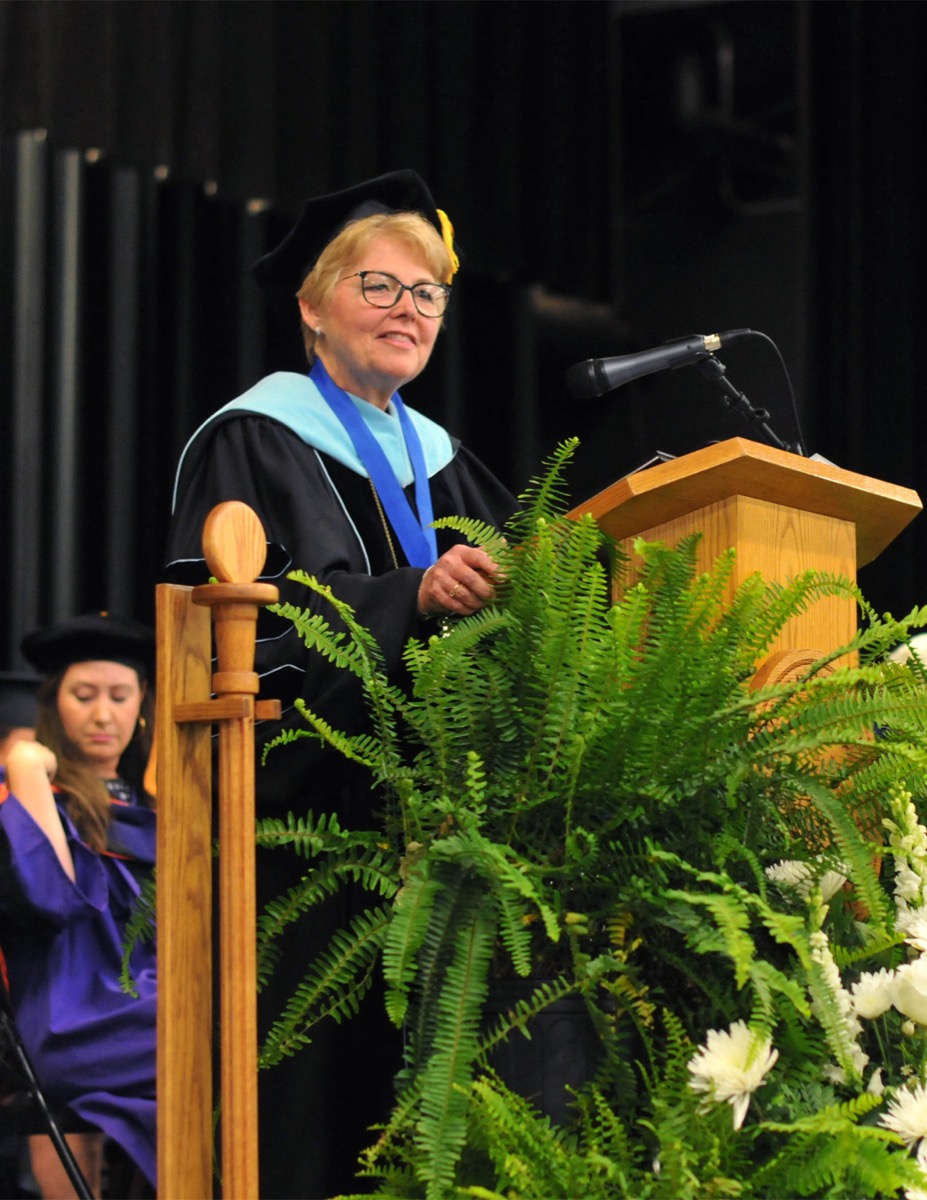 Click to enlarge,  Dr. Lisa M. Chapman, Central Carolina Community College President, speaks to graduates at the 61st Commencement Exercises on May 11 at the Dennis A. Wicker Civic &amp; Conference Center in Sanford. 
