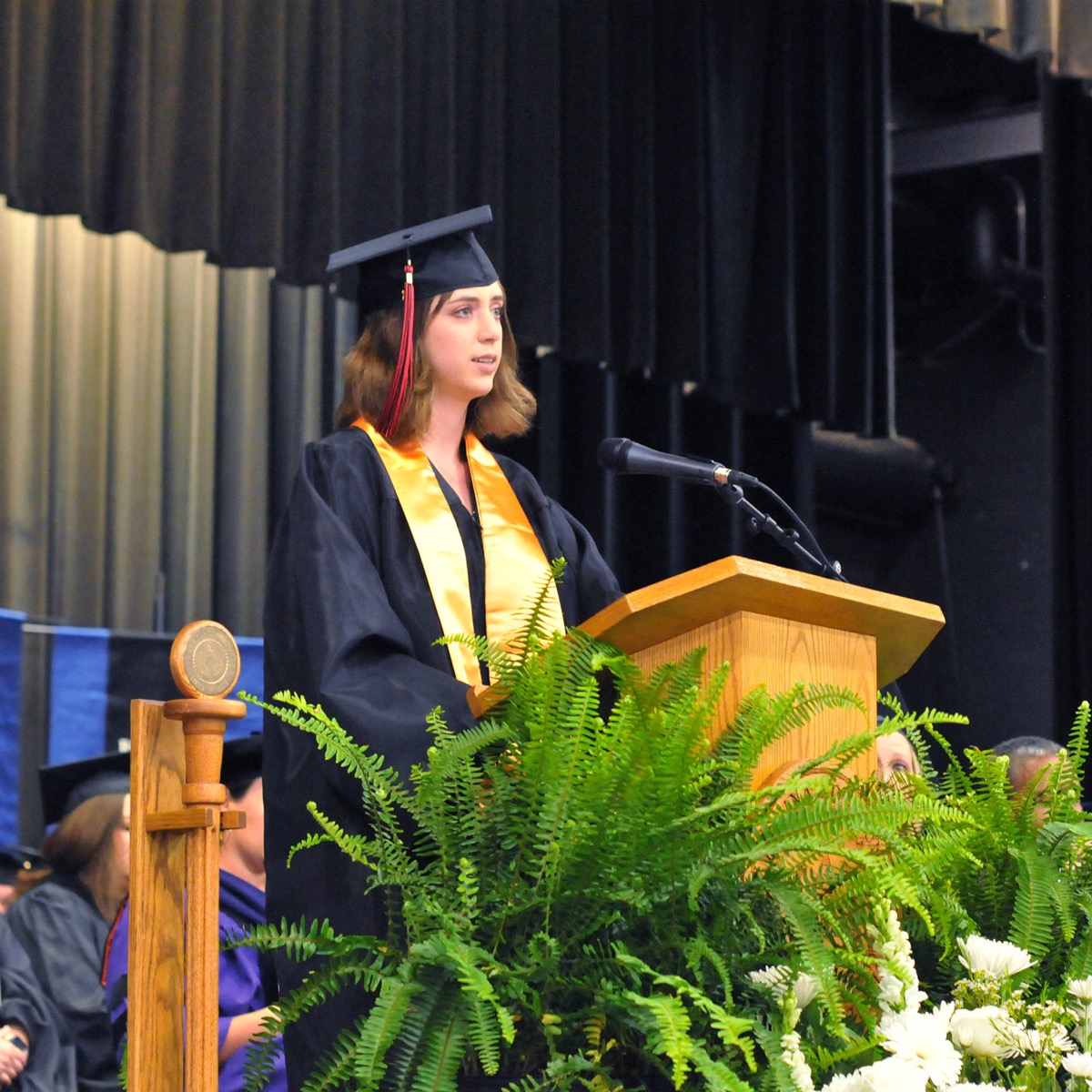 Click to enlarge,  Sydney Hickman of Broadway spoke to Central Carolina Community College graduates at the 11 a.m. program. The CCCC 61st Commencement Exercises was held May 11 at the Dennis A. Wicker Civic &amp; Conference Center in Sanford. 