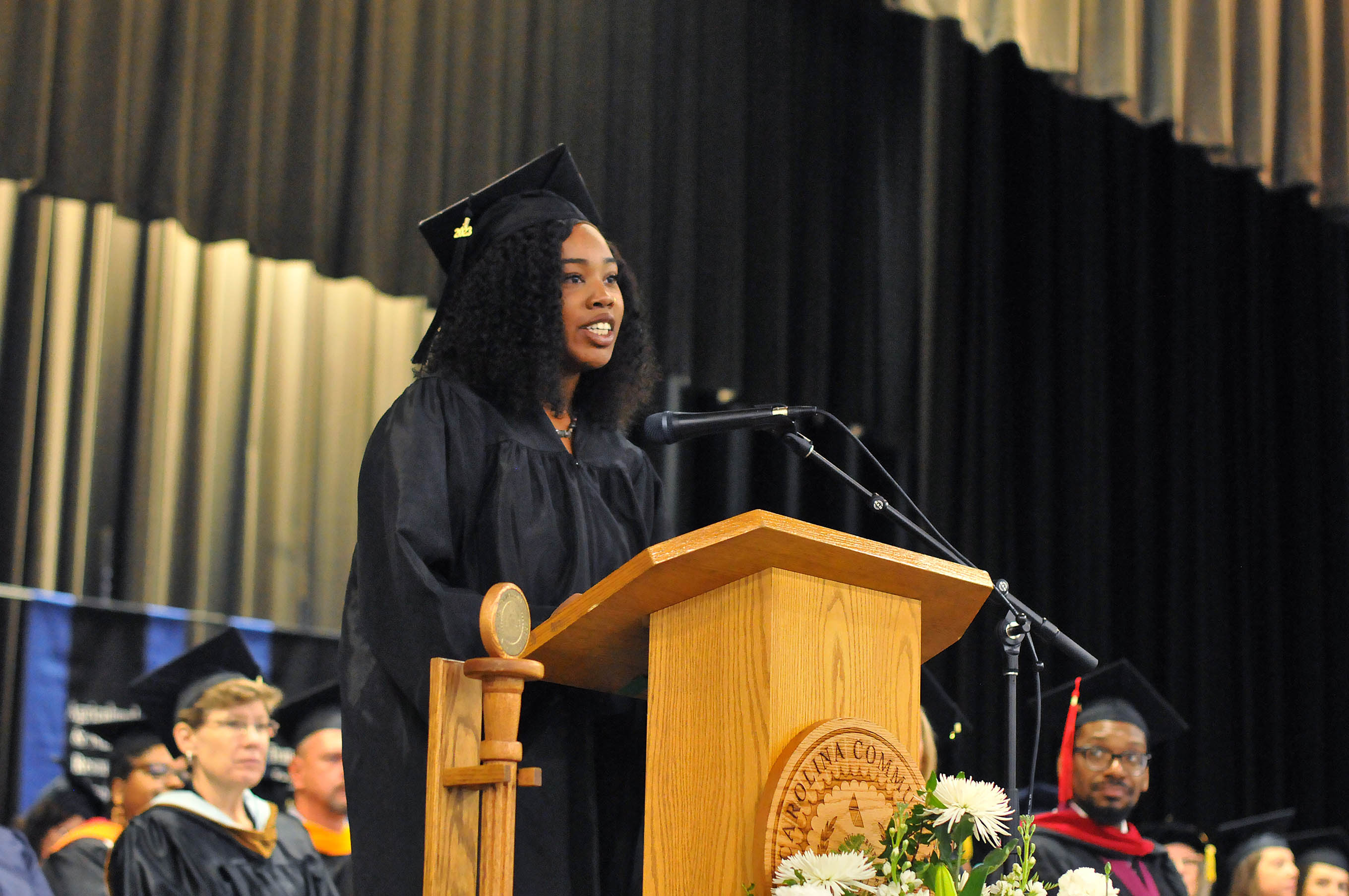 Click to enlarge,  Raven Elder was one of the student speakers at the Central Carolina Community College summer graduation on Aug. 7 at the Dennis A. Wicker Civic &amp; Conference Center in Sanford. 