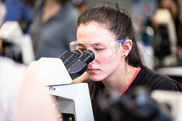 Student looking through microscope 