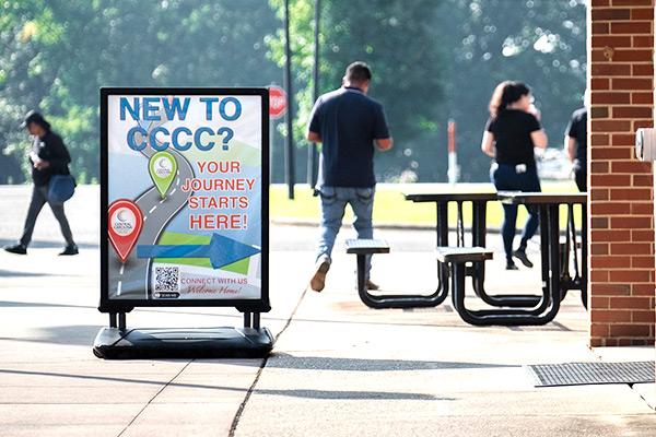 New CCCC sign pointing to college welcome center